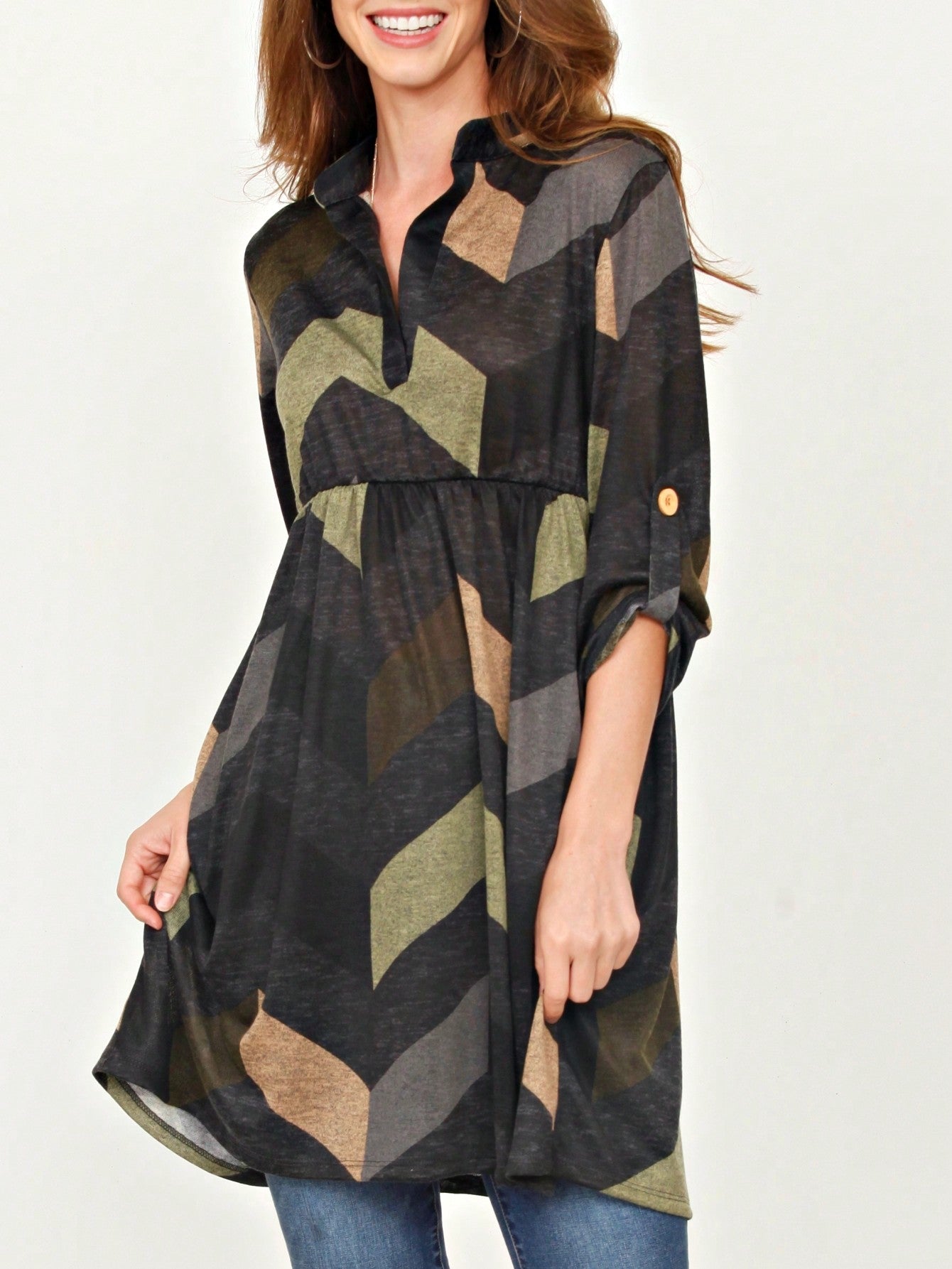 Boho Retro Stripe Plaid  Notch Neck Tab Sleeve  2K Shirt Tunic Shirt