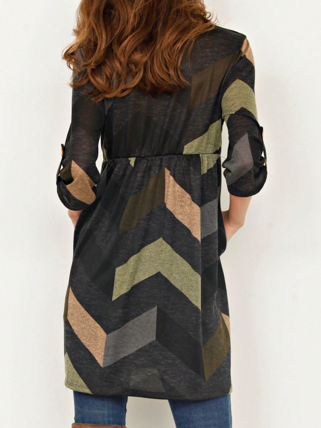 Boho Retro Stripe Plaid  Notch Neck Tab Sleeve  2K Shirt Tunic Shirt