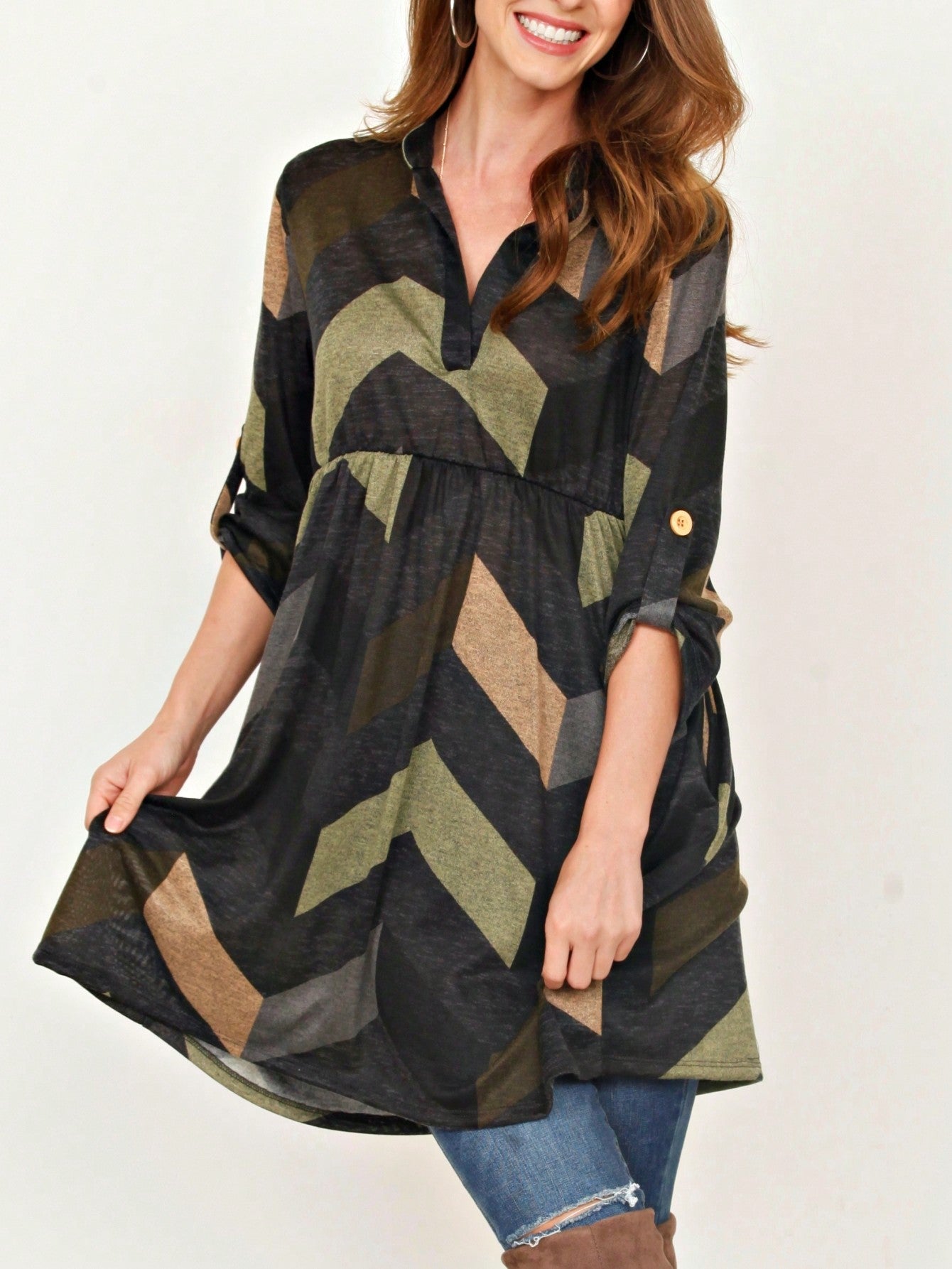 Boho Retro Stripe Plaid  Notch Neck Tab Sleeve  2K Shirt Tunic Shirt