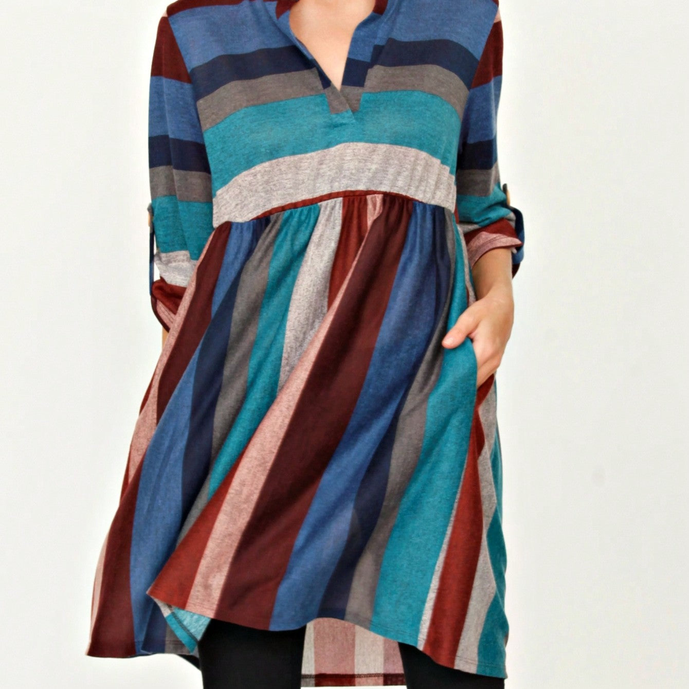 Boho Retro Stripe Plaid  Notch Neck Tab Sleeve  2K Shirt Tunic Shirt