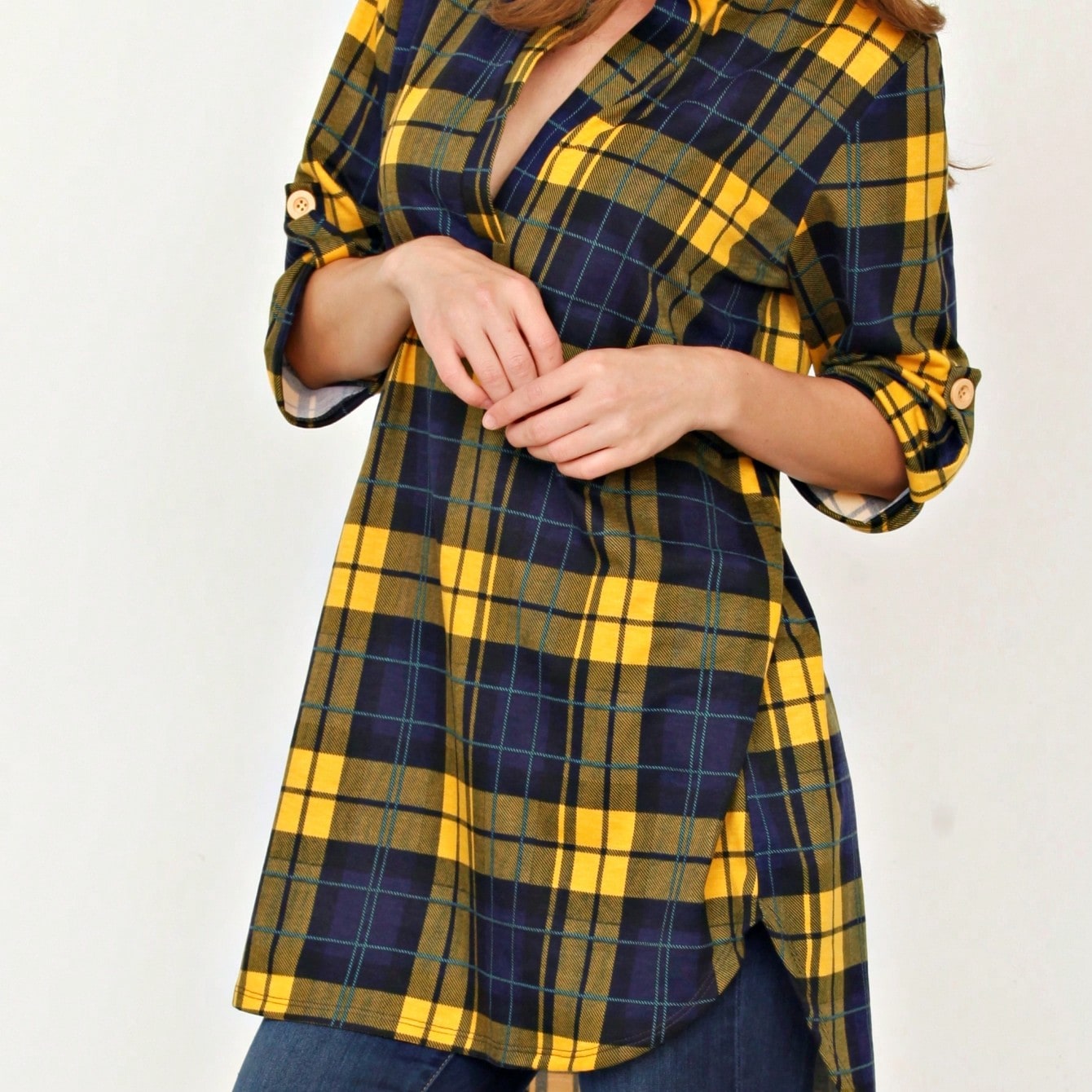 Boho Retro Stripe Plaid  Notch Neck Tab Sleeve  2K Shirt Tunic Shirt