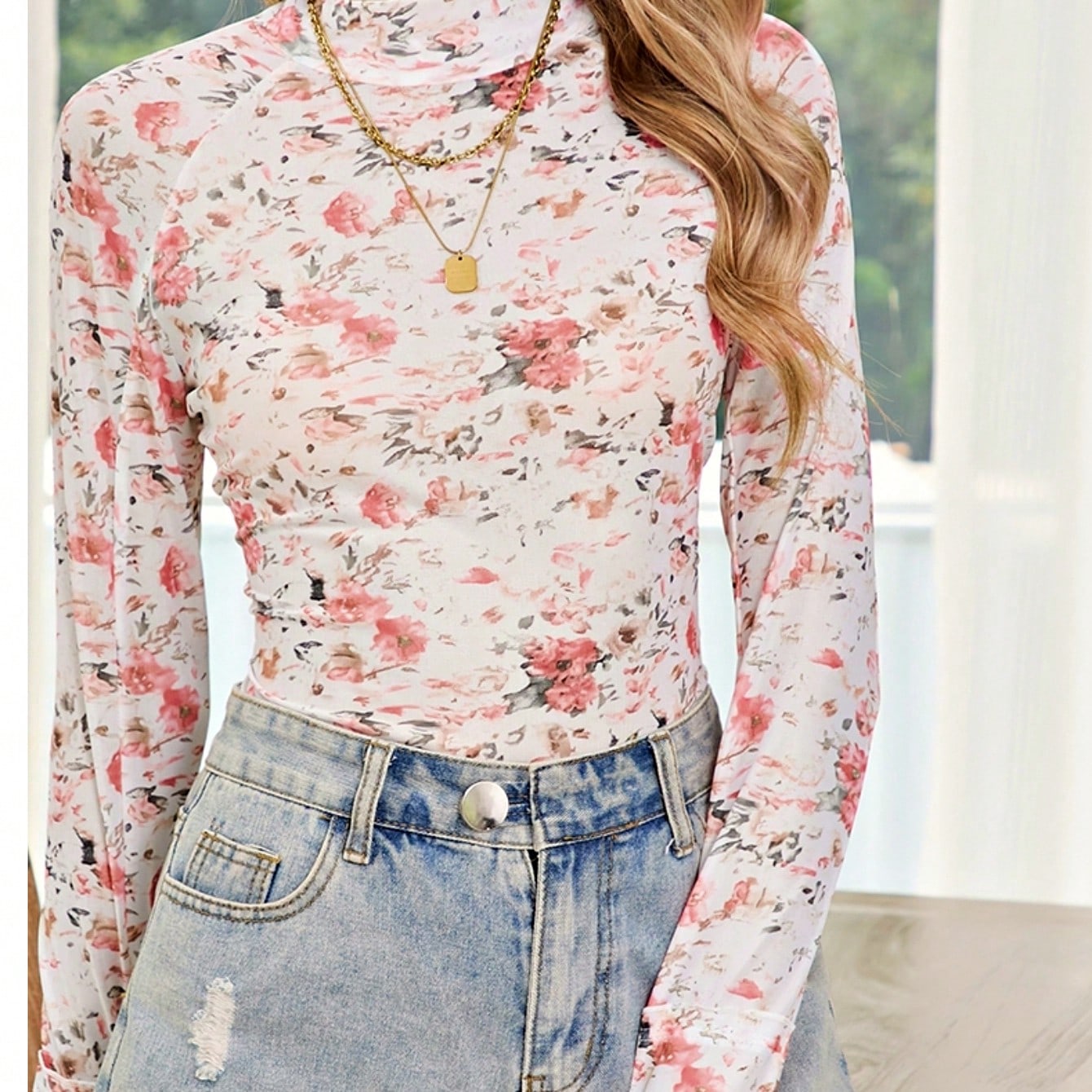 Boho Retro 90's Textured Mesh Color Block Floral Sleeve Drop Raglan Round Mock Neck  Layering Shoulder Mesh Lace Half And Long Sleeve Ivory Cream Navy Red Crew Neck Top Shirt Blouse