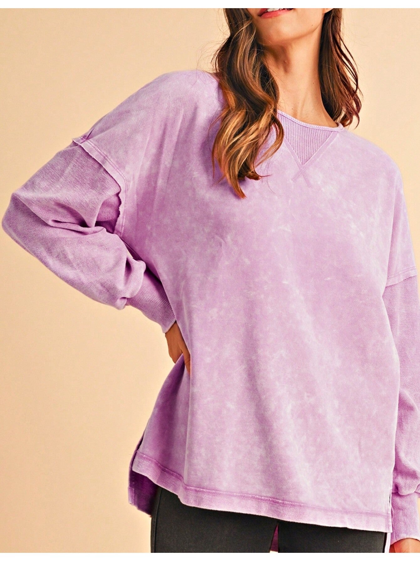 Boho Retro 60's Cotton Mix  Drop Shoulder Mineral Acid Washed Oversized Side Slit Dolman Shirt Top  Sweatshirt Pullover