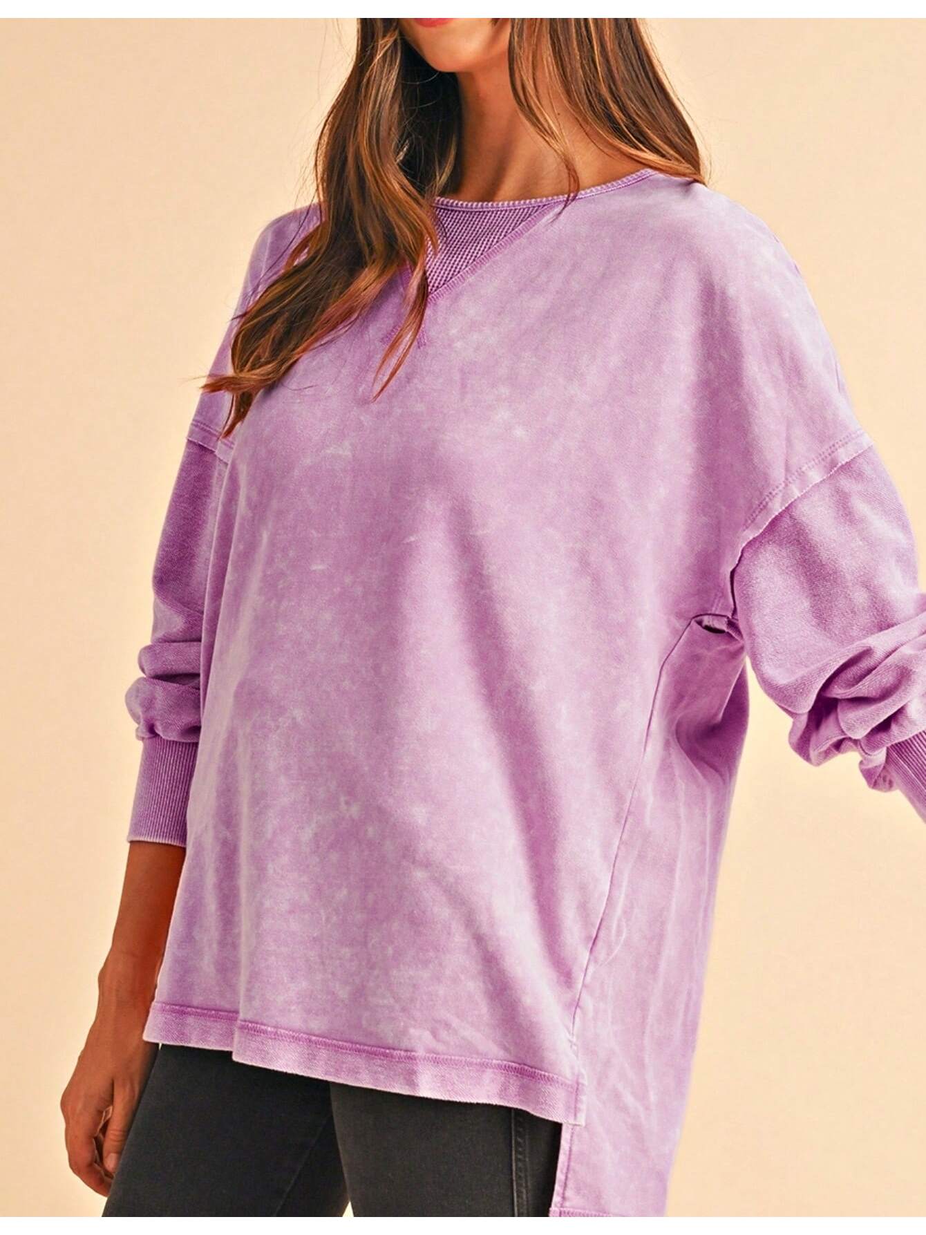 Boho Retro 60's Cotton Mix  Drop Shoulder Mineral Acid Washed Oversized Side Slit Dolman Shirt Top  Sweatshirt Pullover