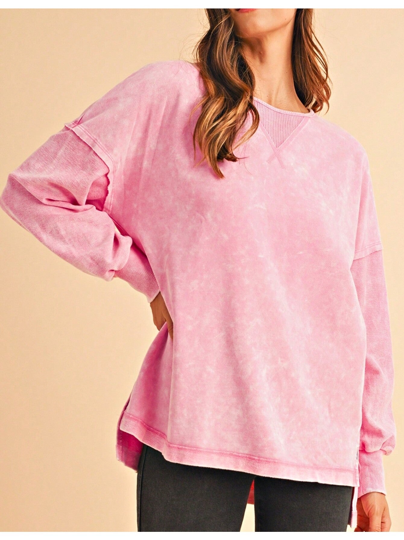 Boho Retro 60's Cotton Mix  Drop Shoulder Mineral Acid Washed Oversized Side Slit Dolman Shirt Top  Sweatshirt Pullover