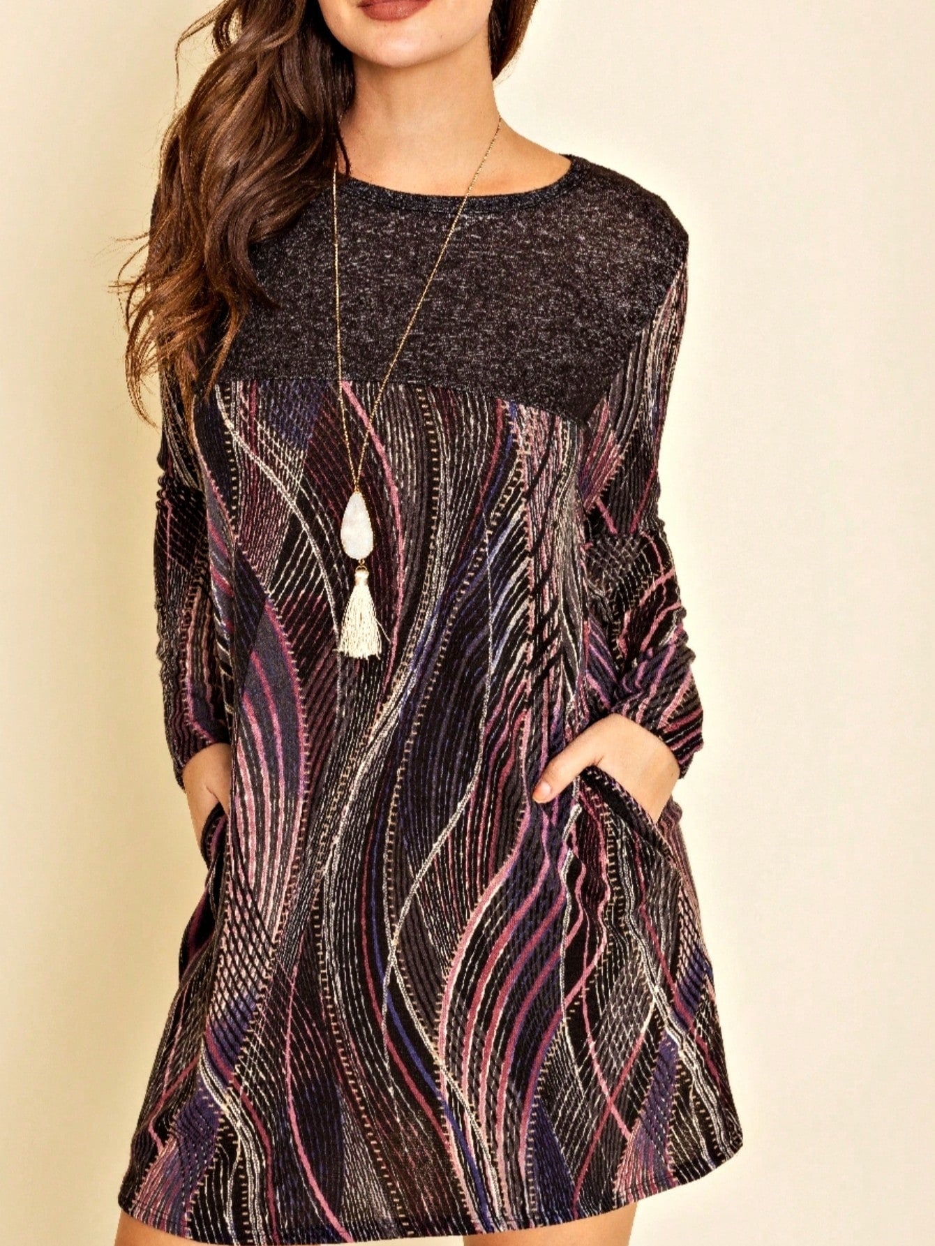 Boho Retro 60's Vintage Chevron Print Black Olive Baby Doll Tunic Top