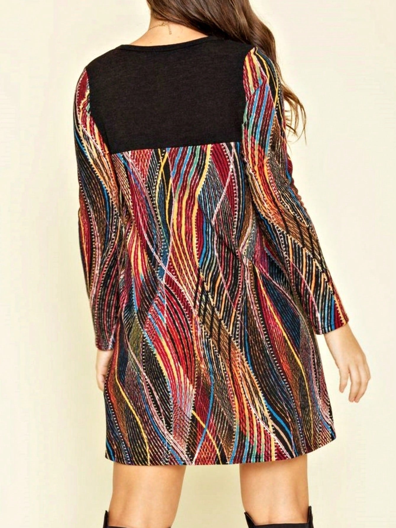 Boho Retro 60's Vintage Chevron Print Black Olive Baby Doll Tunic Top