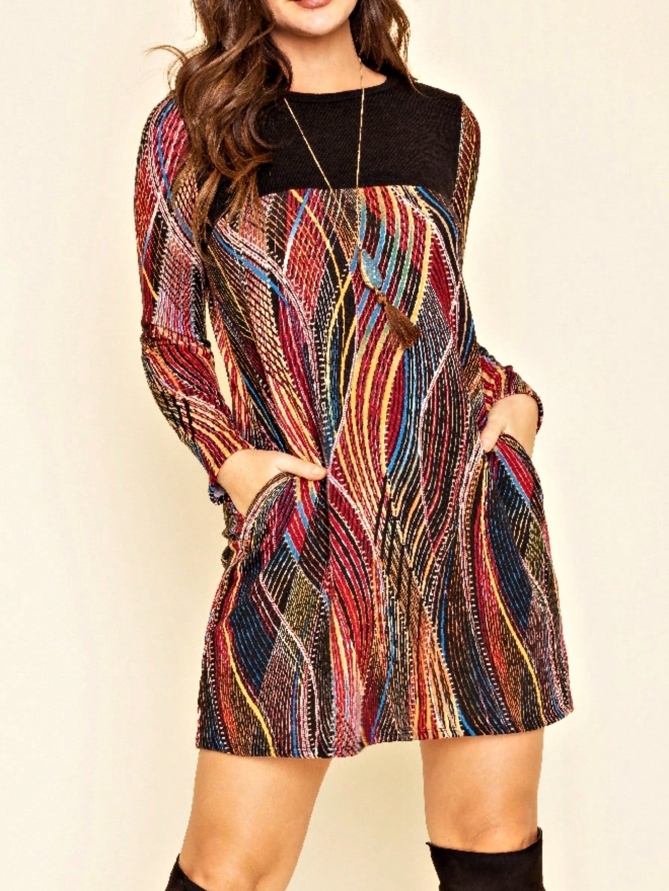 Boho Retro 60's Vintage Chevron Print Black Olive Baby Doll Tunic Top