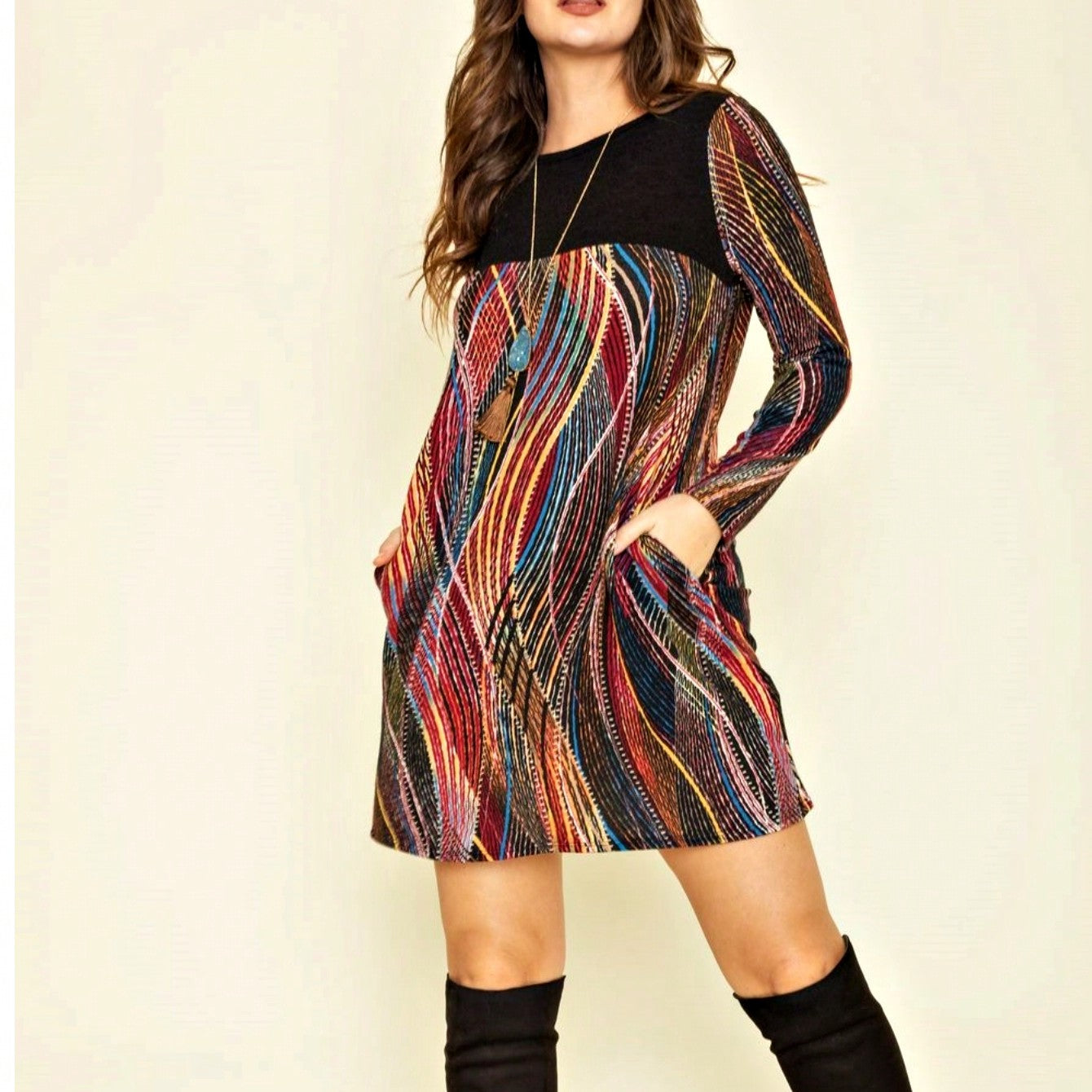 Boho Retro 60's Vintage Chevron Print Black Olive Baby Doll Tunic Top