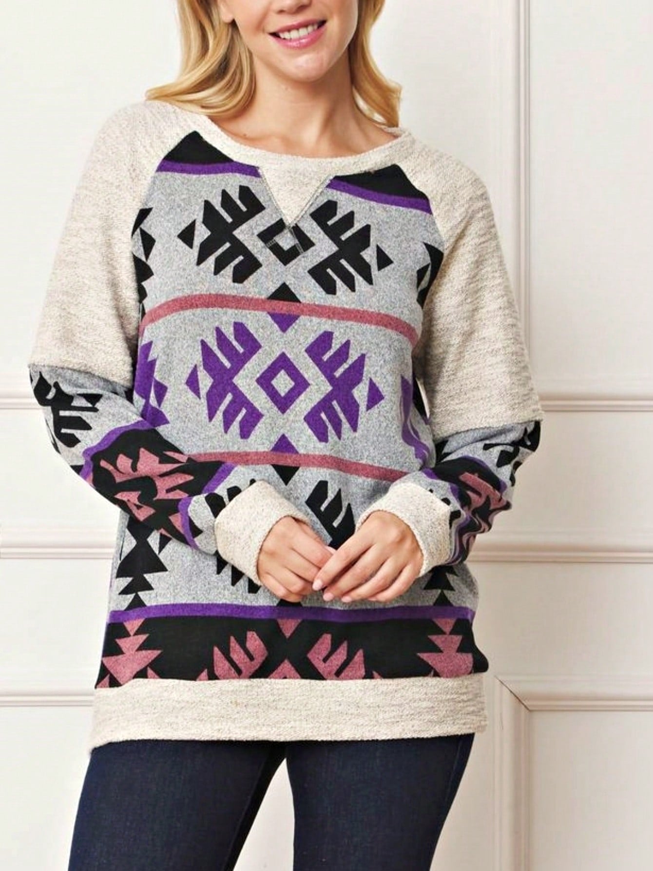 Boho Retro 90'sCheckered Solid Raglan Drop Shoulder Knit Top Sweatshirt Pullover Tunic