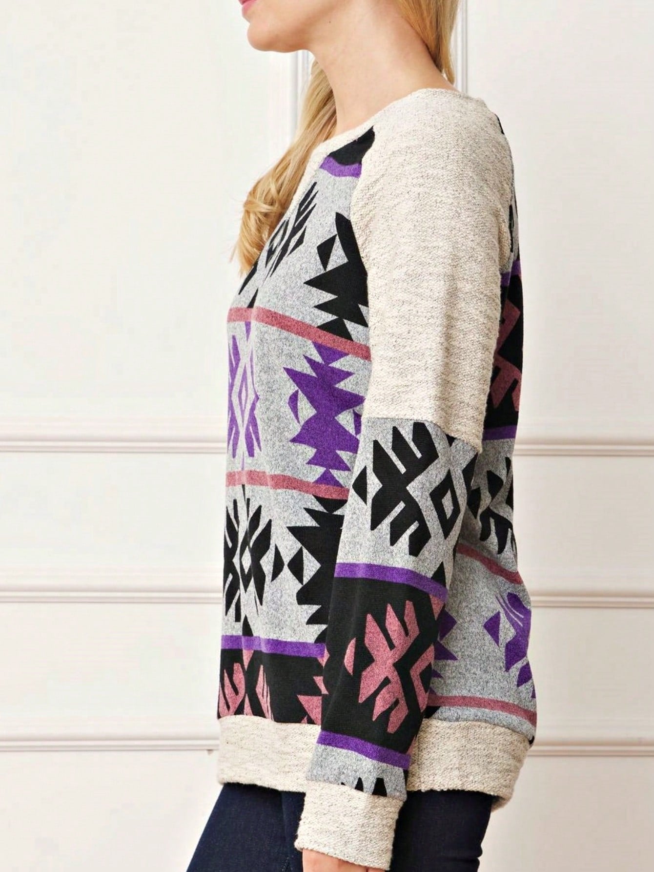 Boho Retro 90'sCheckered Solid Raglan Drop Shoulder Knit Top Sweatshirt Pullover Tunic