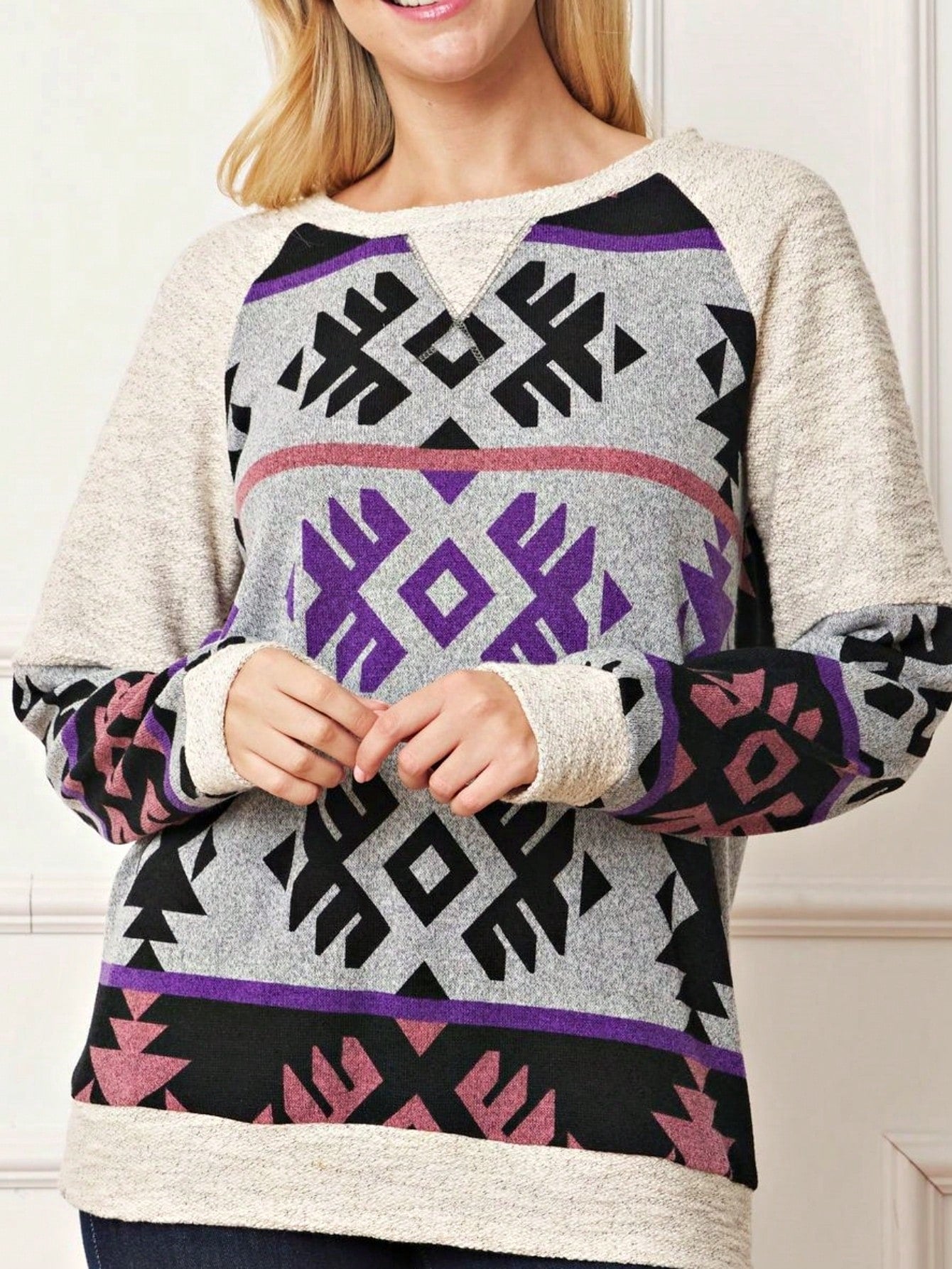 Boho Retro 90'sCheckered Solid Raglan Drop Shoulder Knit Top Sweatshirt Pullover Tunic