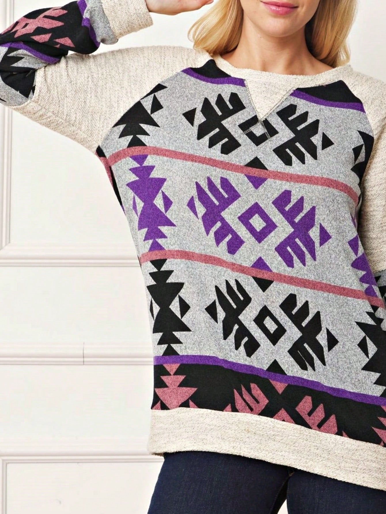 Boho Retro 90'sCheckered Solid Raglan Drop Shoulder Knit Top Sweatshirt Pullover Tunic