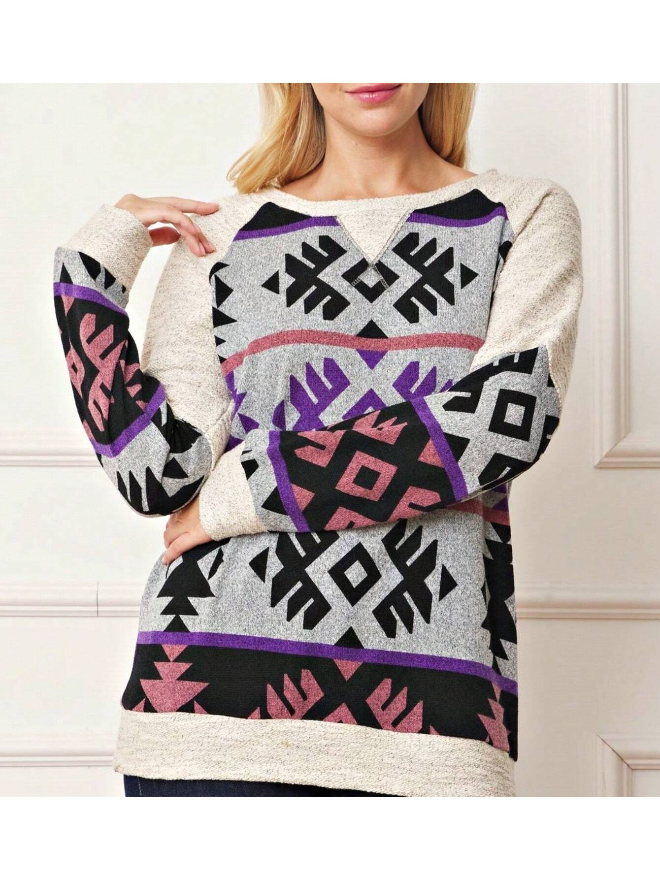 Boho Retro 90'sCheckered Solid Raglan Drop Shoulder Knit Top Sweatshirt Pullover Tunic