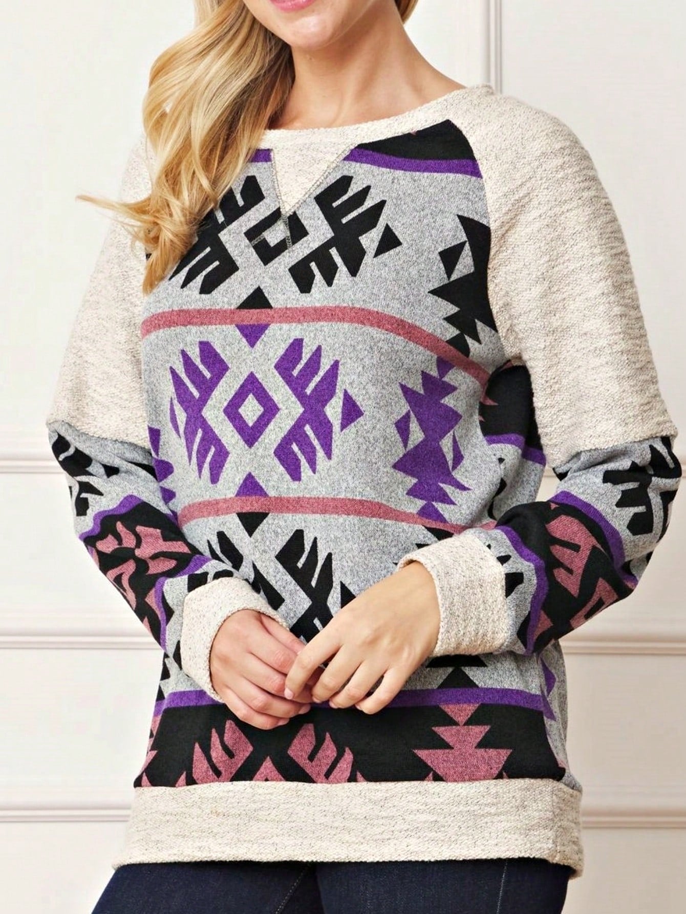 Boho Retro 90'sCheckered Solid Raglan Drop Shoulder Knit Top Sweatshirt Pullover Tunic