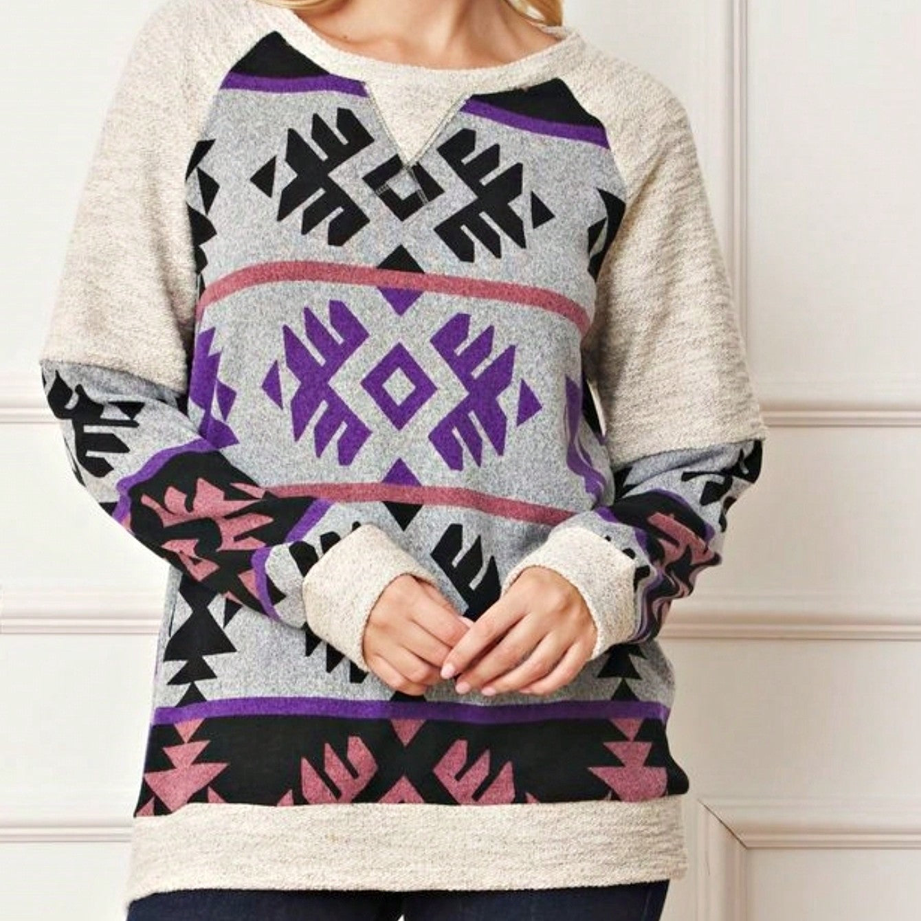 Boho Retro 90'sCheckered Solid Raglan Drop Shoulder Knit Top Sweatshirt Pullover Tunic