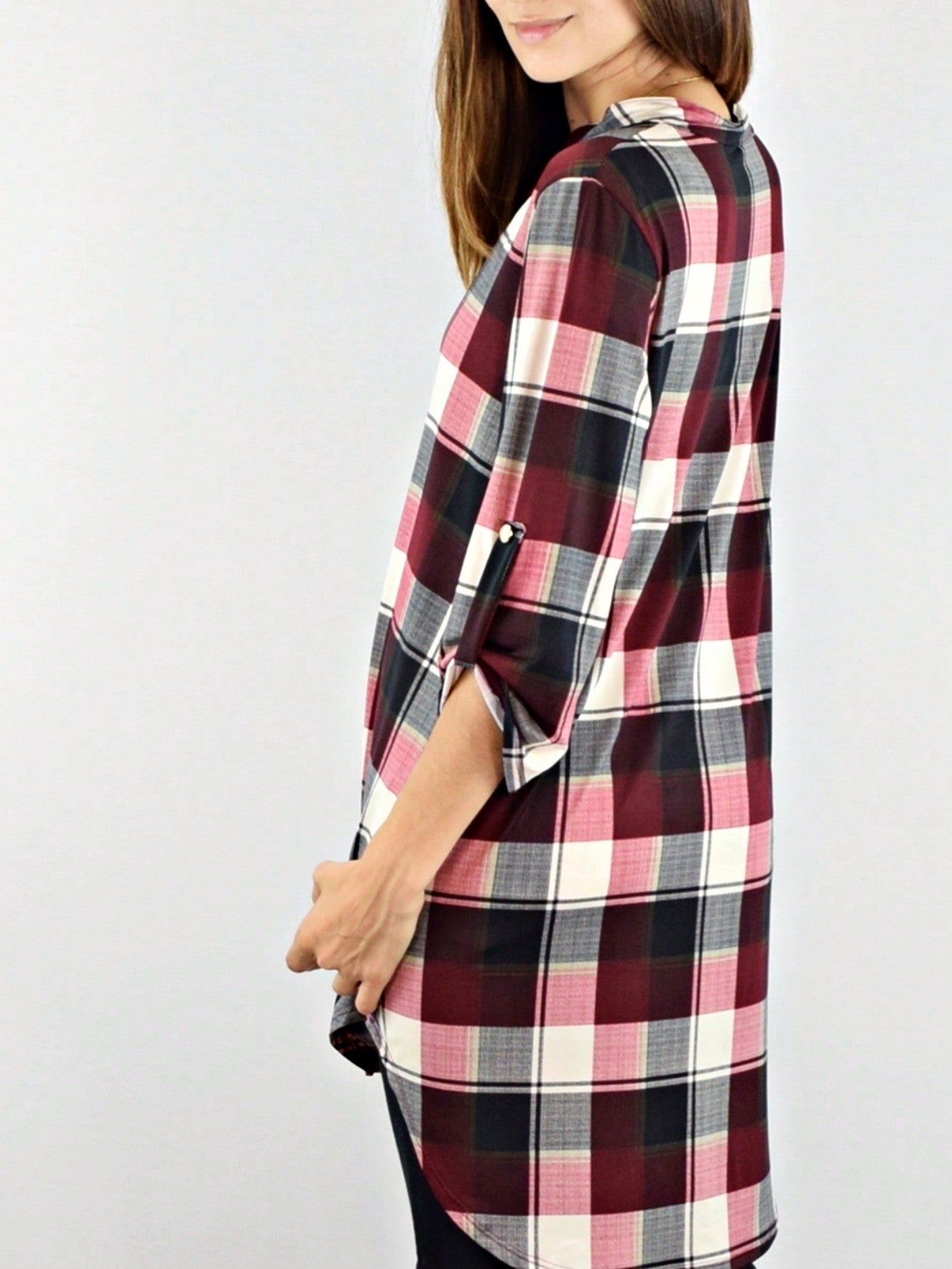 Boho Retro Stripe Plaid  Notch Neck Tab Sleeve  2K Shirt Tunic Shirt