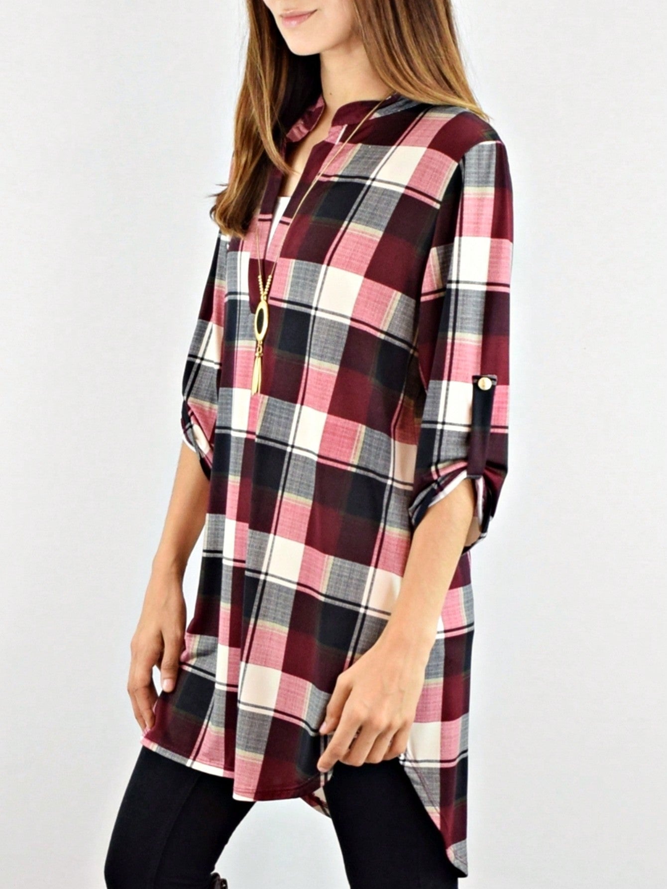 Boho Retro Stripe Plaid  Notch Neck Tab Sleeve  2K Shirt Tunic Shirt