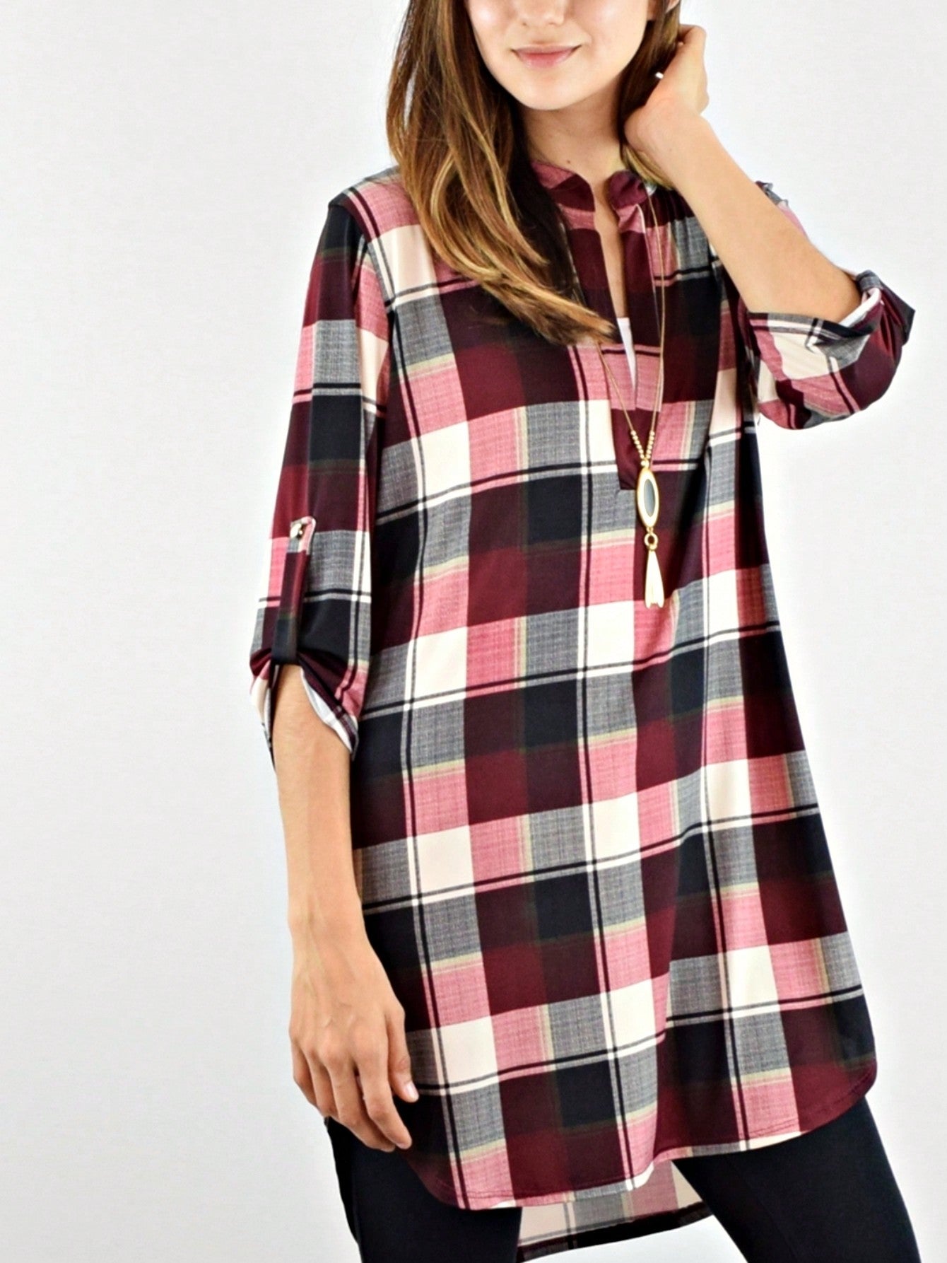Boho Retro Stripe Plaid  Notch Neck Tab Sleeve  2K Shirt Tunic Shirt