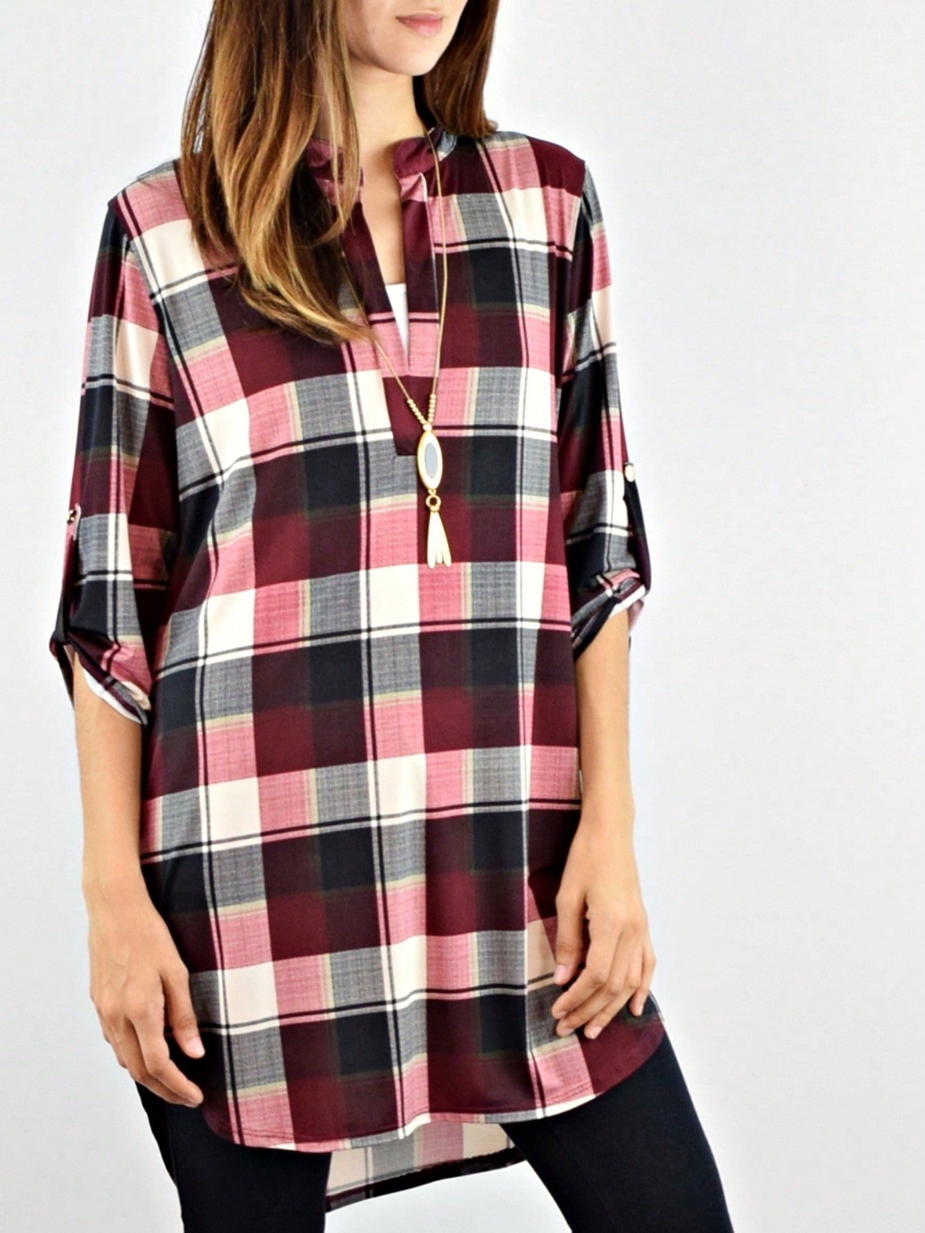 Boho Retro Stripe Plaid  Notch Neck Tab Sleeve  2K Shirt Tunic Shirt