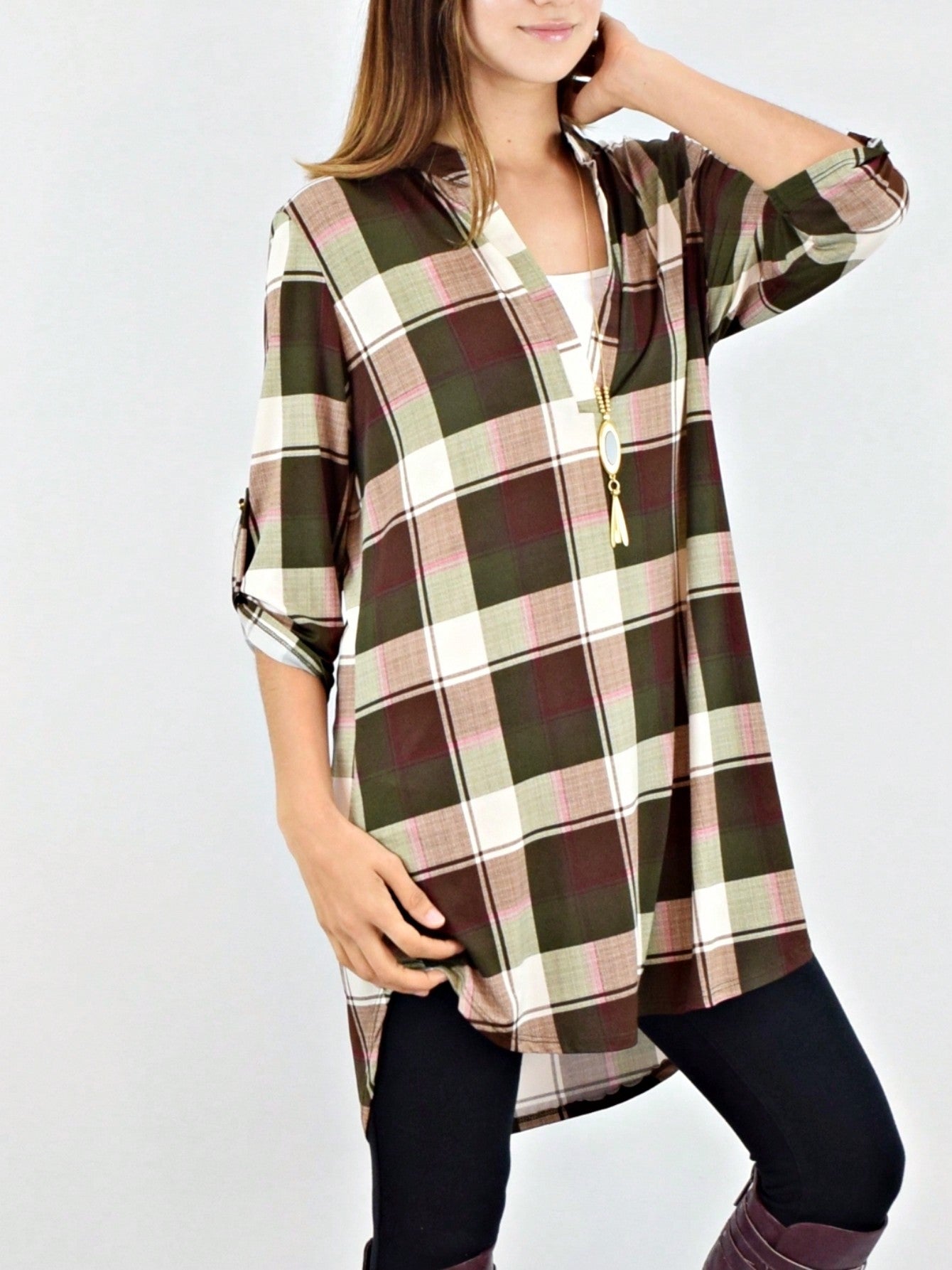 Boho Retro Stripe Plaid  Notch Neck Tab Sleeve  2K Shirt Tunic Shirt