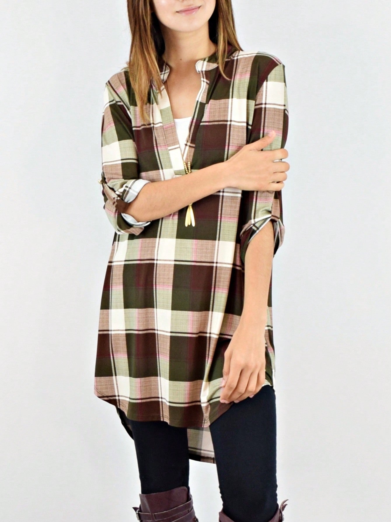 Boho Retro Stripe Plaid  Notch Neck Tab Sleeve  2K Shirt Tunic Shirt