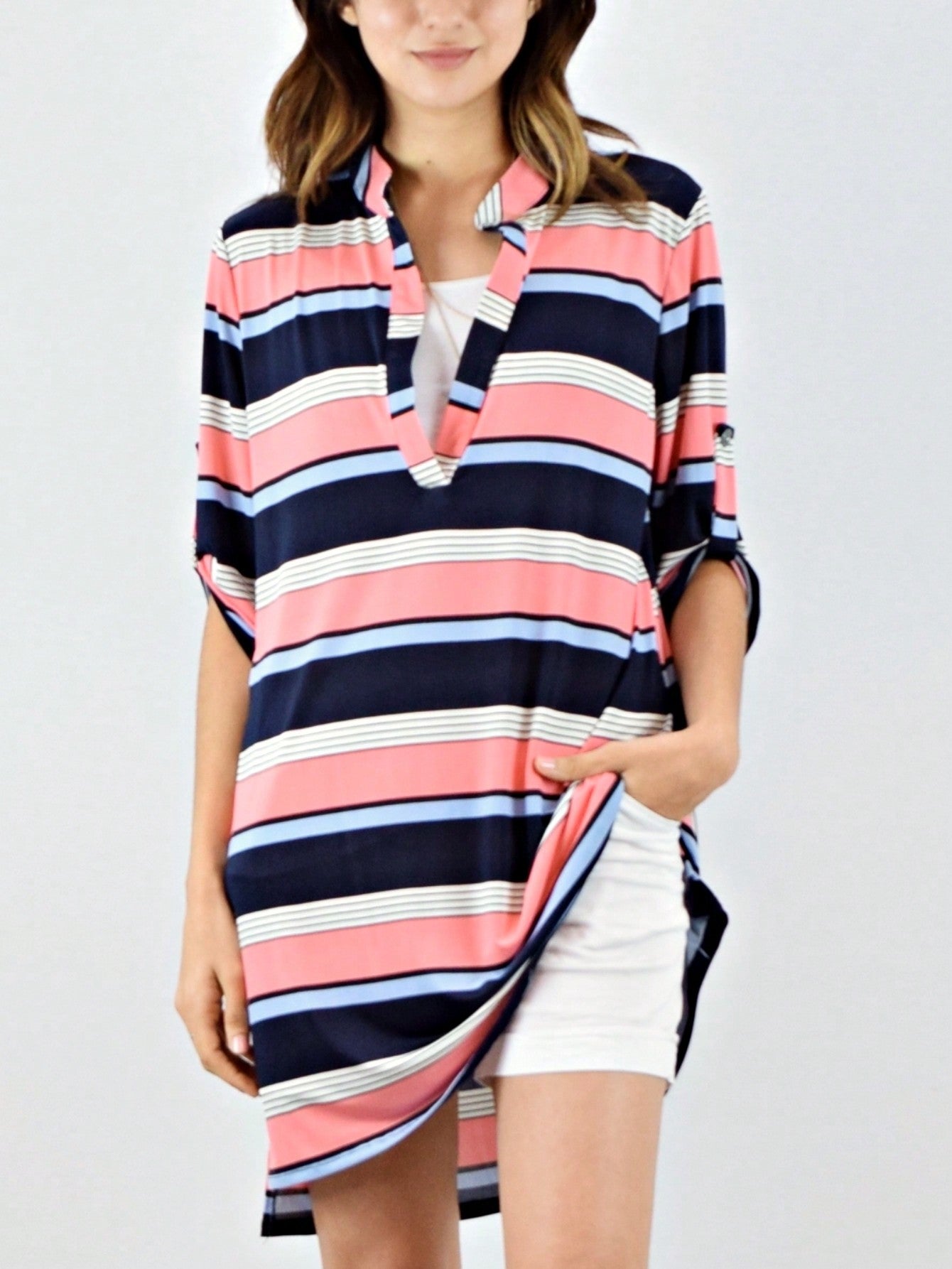 Boho Retro Stripe Plaid  Notch Neck Tab Sleeve  2K Shirt Tunic Shirt