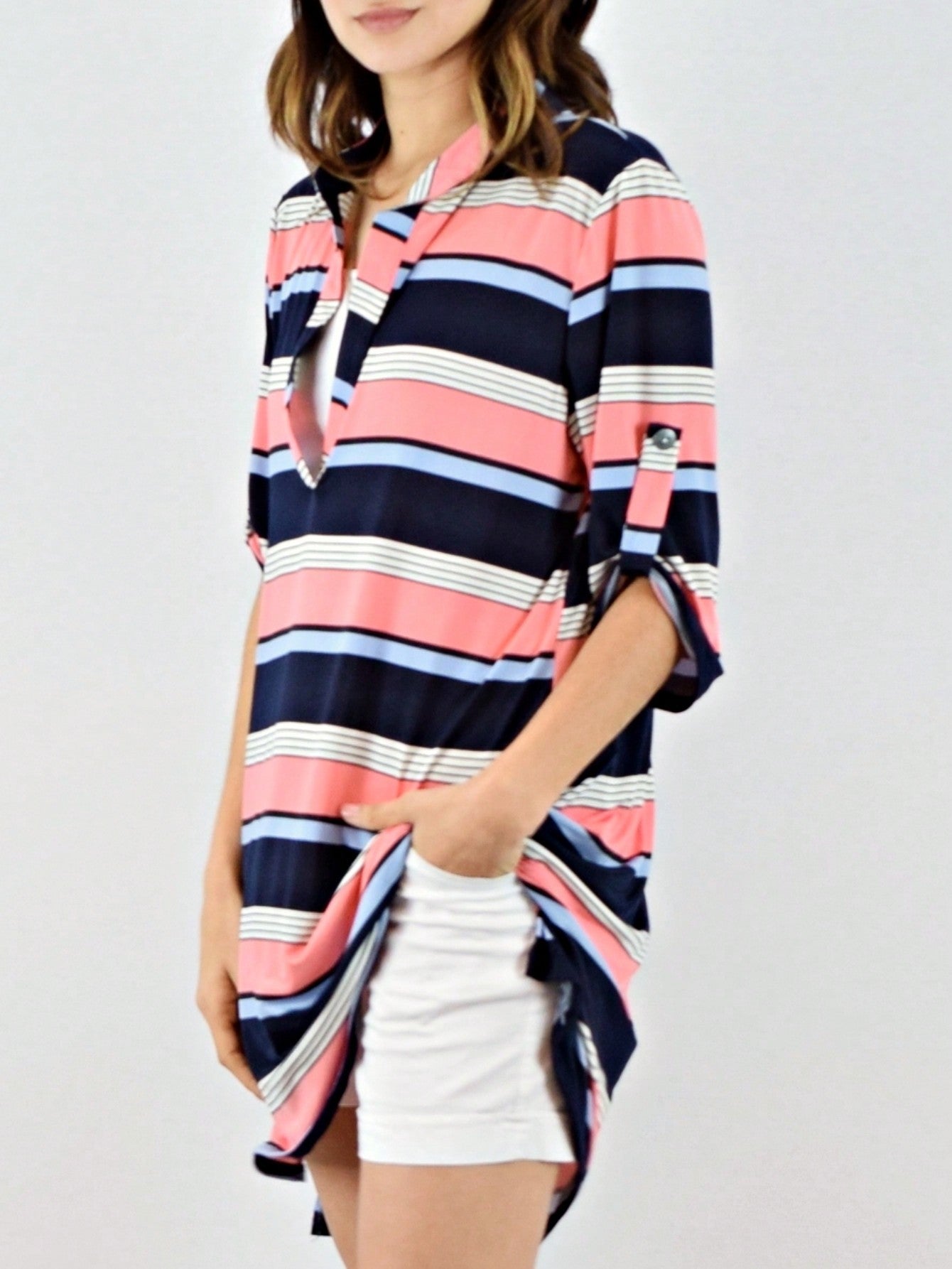 Boho Retro Stripe Plaid  Notch Neck Tab Sleeve  2K Shirt Tunic Shirt