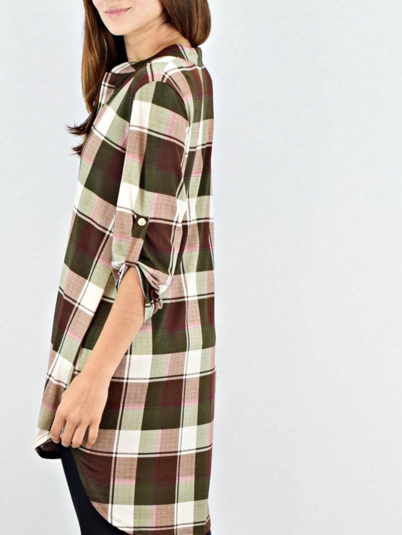 Boho Retro Stripe Plaid  Notch Neck Tab Sleeve  2K Shirt Tunic Shirt