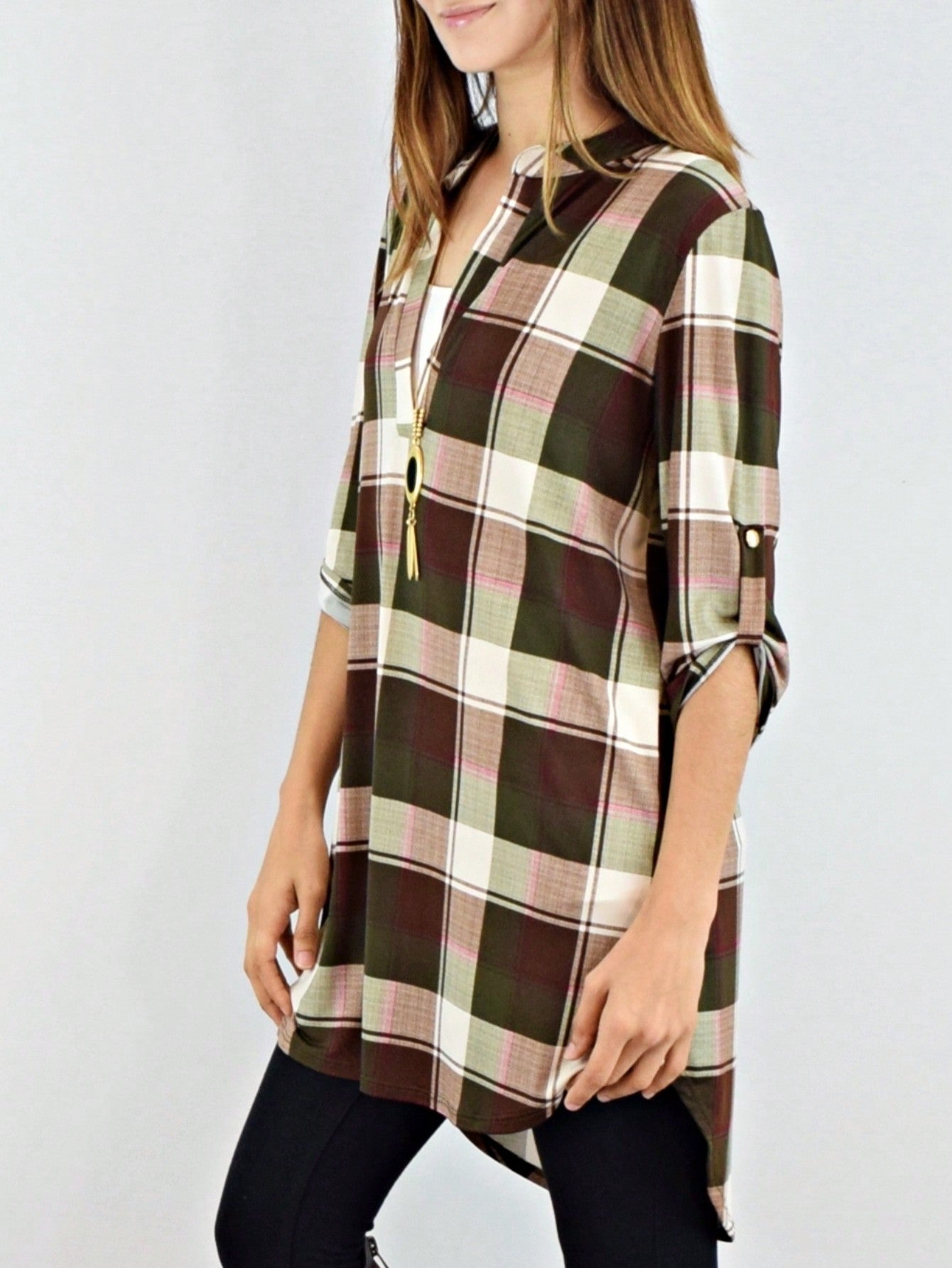 Boho Retro Stripe Plaid  Notch Neck Tab Sleeve  2K Shirt Tunic Shirt