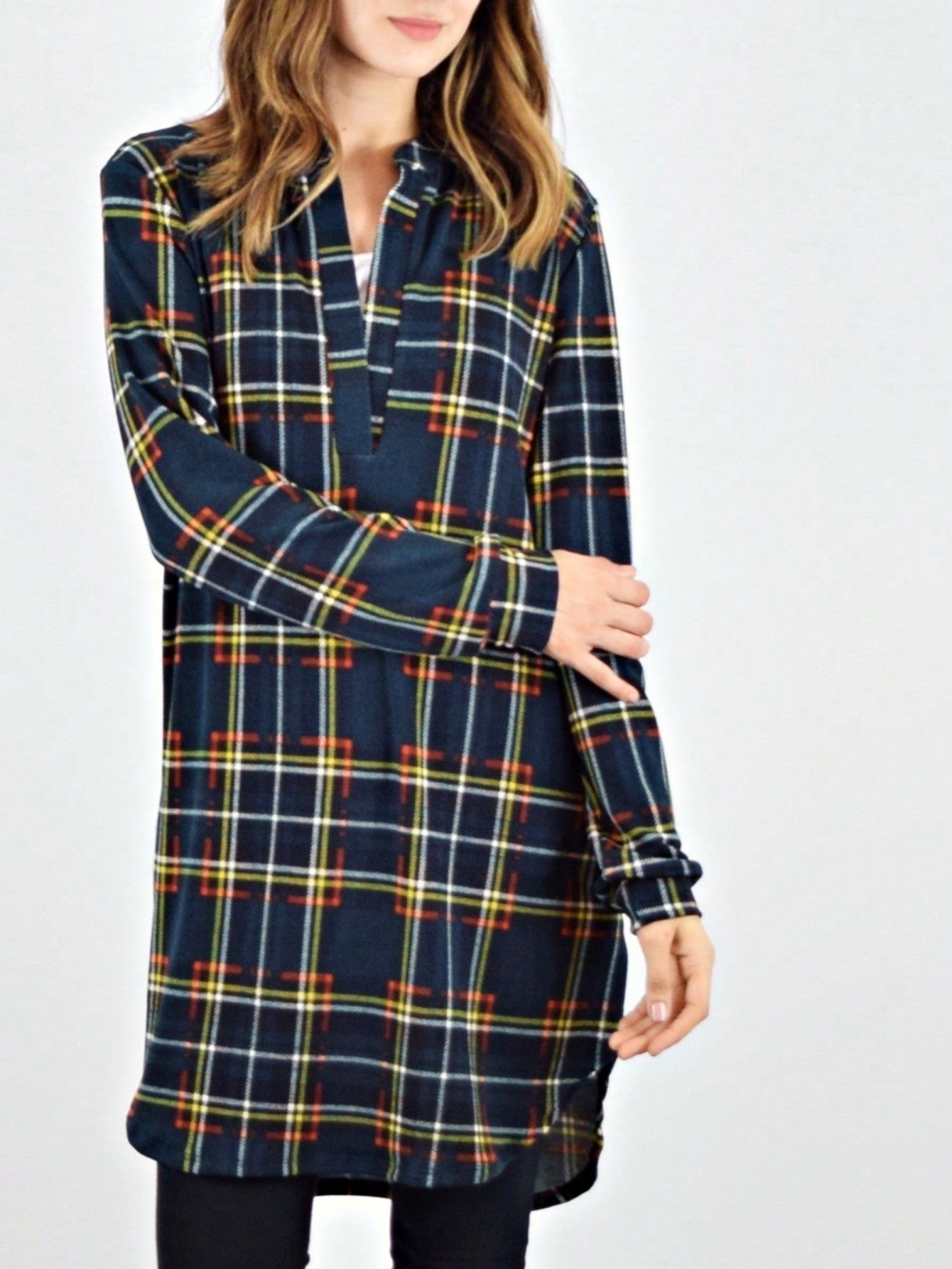 Boho Retro Stripe Plaid  Notch Neck Tab Sleeve  2K Shirt Tunic Shirt