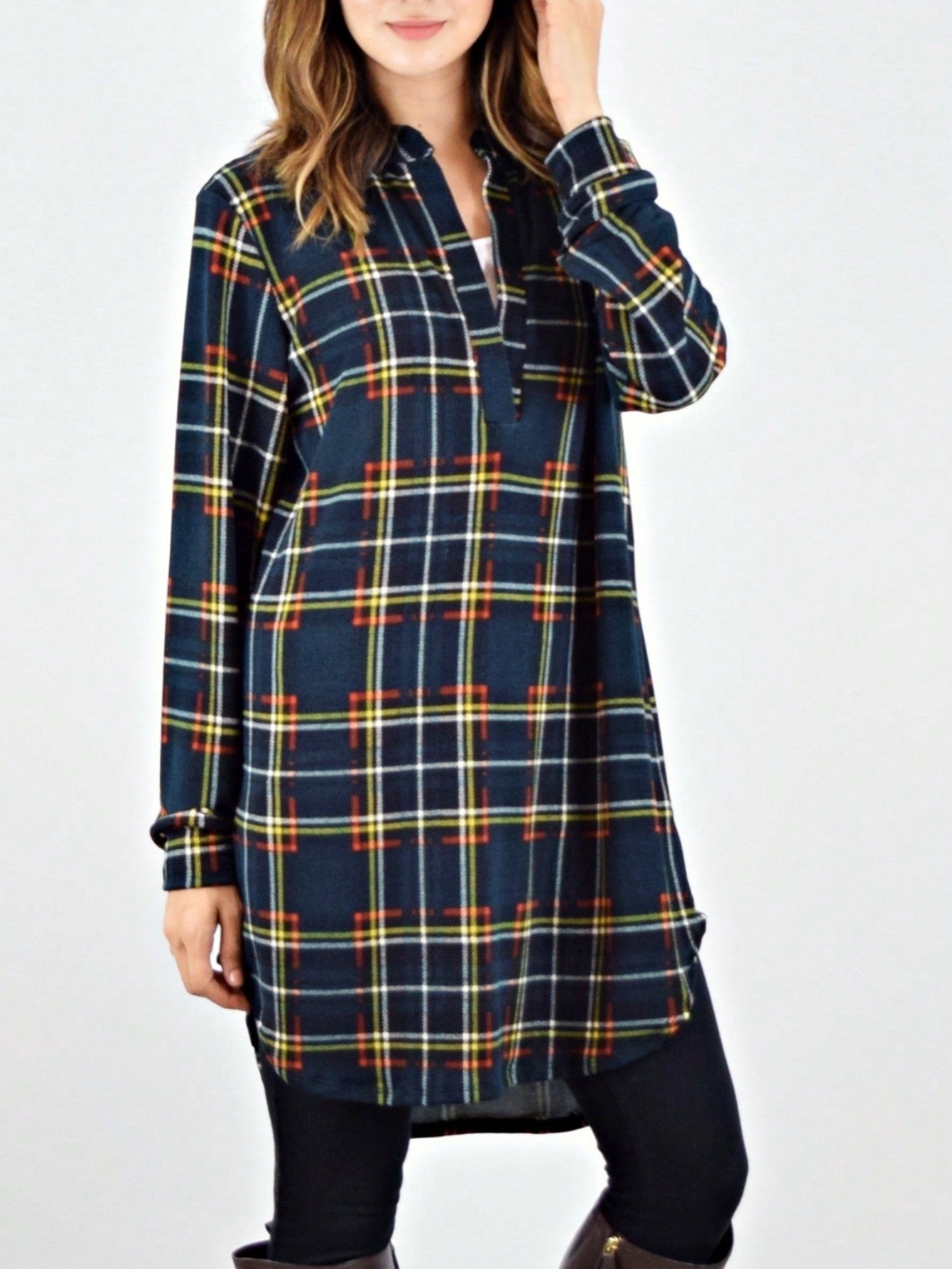 Boho Retro Stripe Plaid  Notch Neck Tab Sleeve  2K Shirt Tunic Shirt