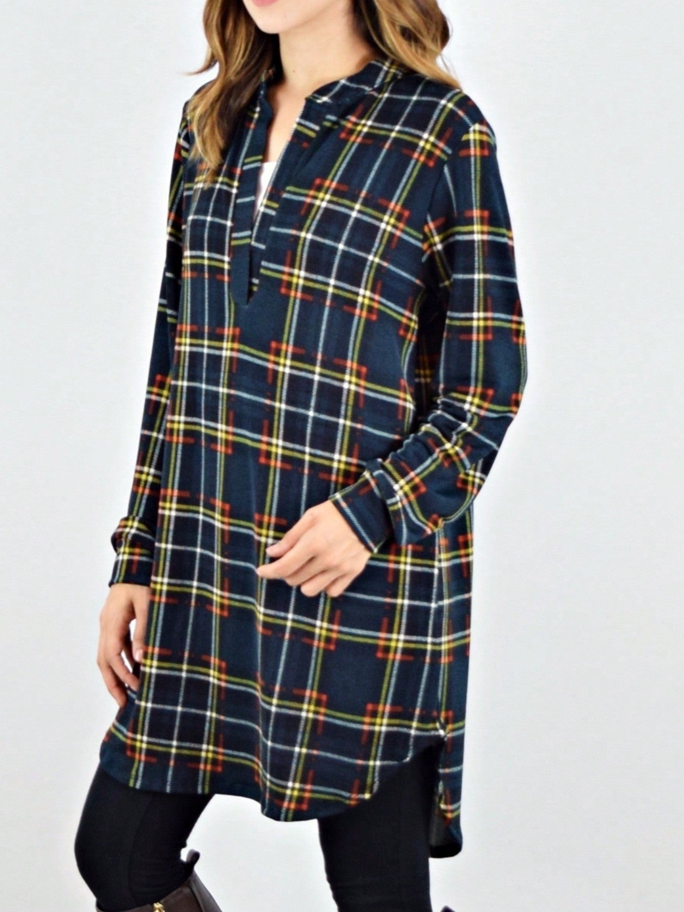 Boho Retro Stripe Plaid  Notch Neck Tab Sleeve  2K Shirt Tunic Shirt