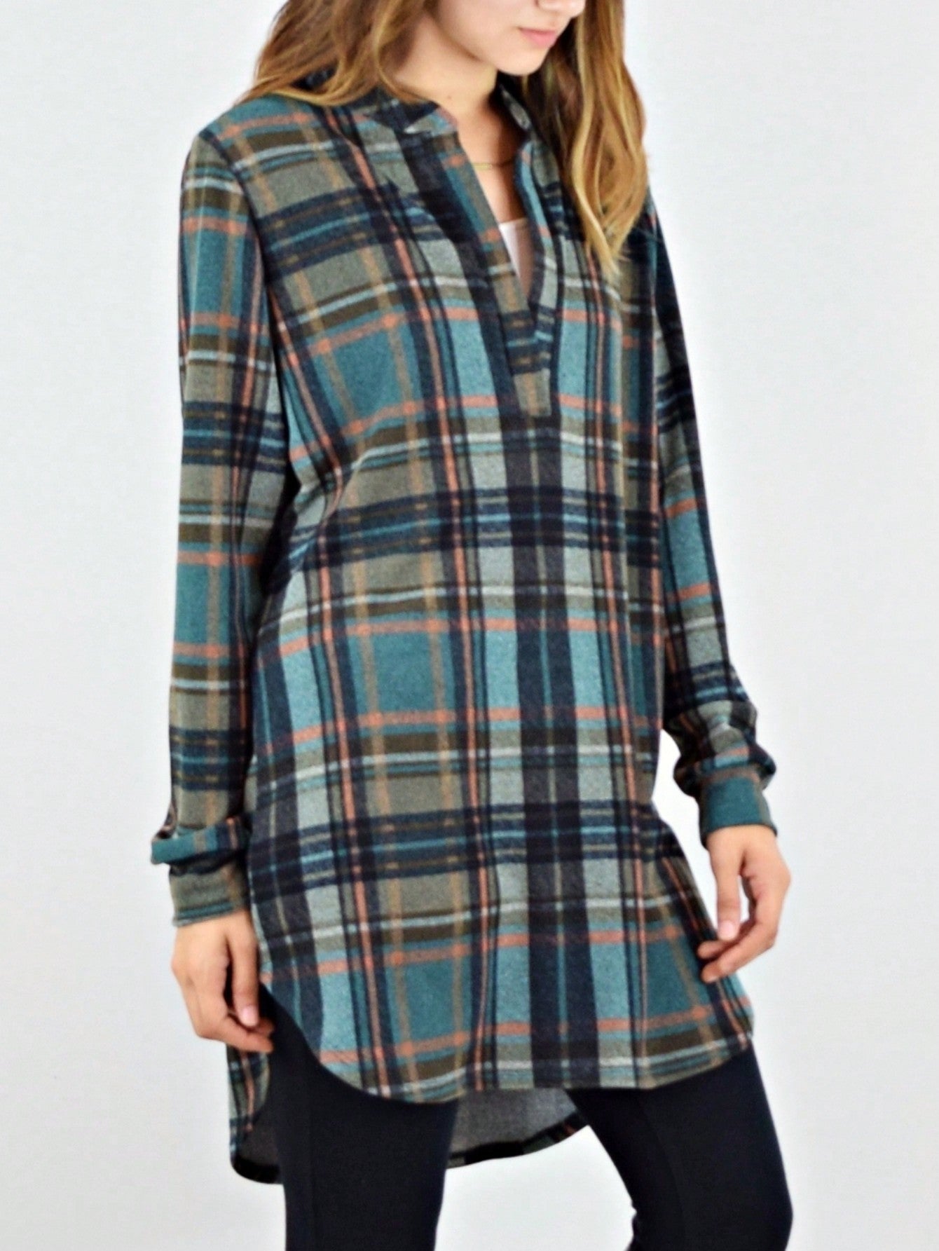 Boho Retro Stripe Plaid  Notch Neck Tab Sleeve  2K Shirt Tunic Shirt
