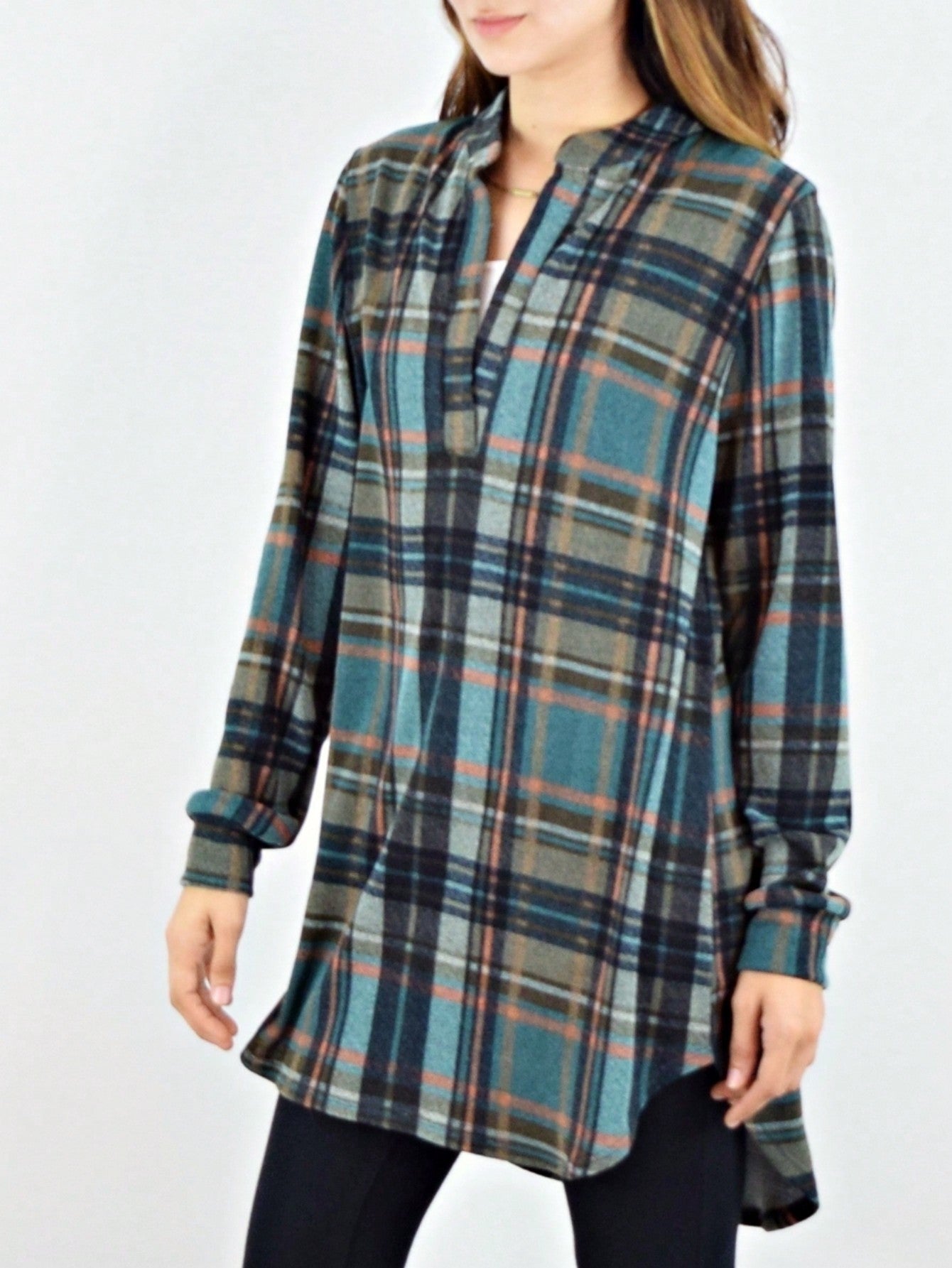Boho Retro Stripe Plaid  Notch Neck Tab Sleeve  2K Shirt Tunic Shirt