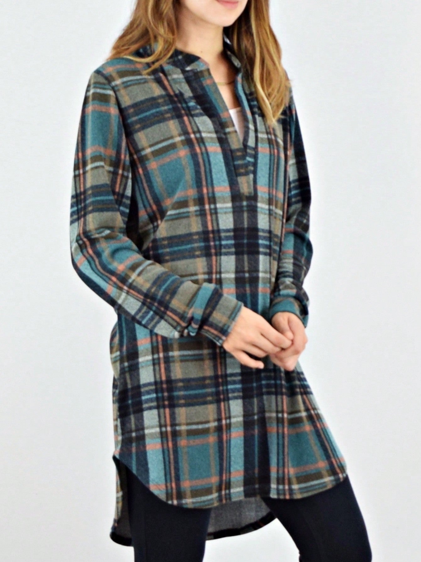 Boho Retro Stripe Plaid  Notch Neck Tab Sleeve  2K Shirt Tunic Shirt
