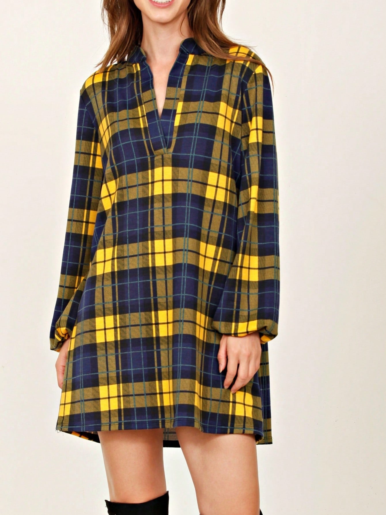 Boho Retro Stripe Plaid  Notch Neck Tab Sleeve  2K Shirt Tunic Shirt