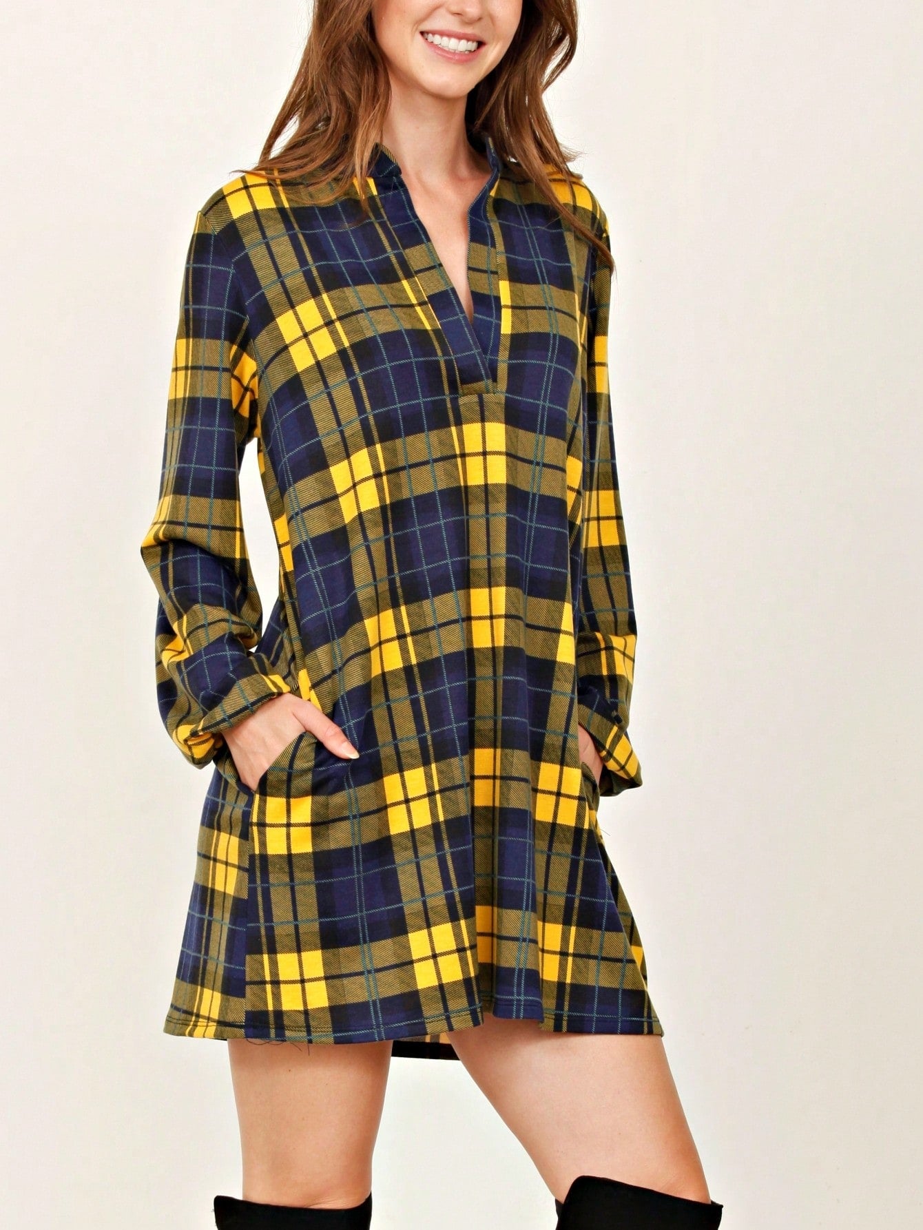 Boho Retro Stripe Plaid  Notch Neck Tab Sleeve  2K Shirt Tunic Shirt