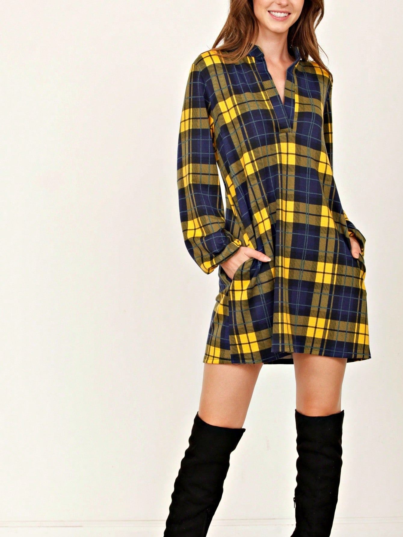 Boho Retro Stripe Plaid  Notch Neck Tab Sleeve  2K Shirt Tunic Shirt