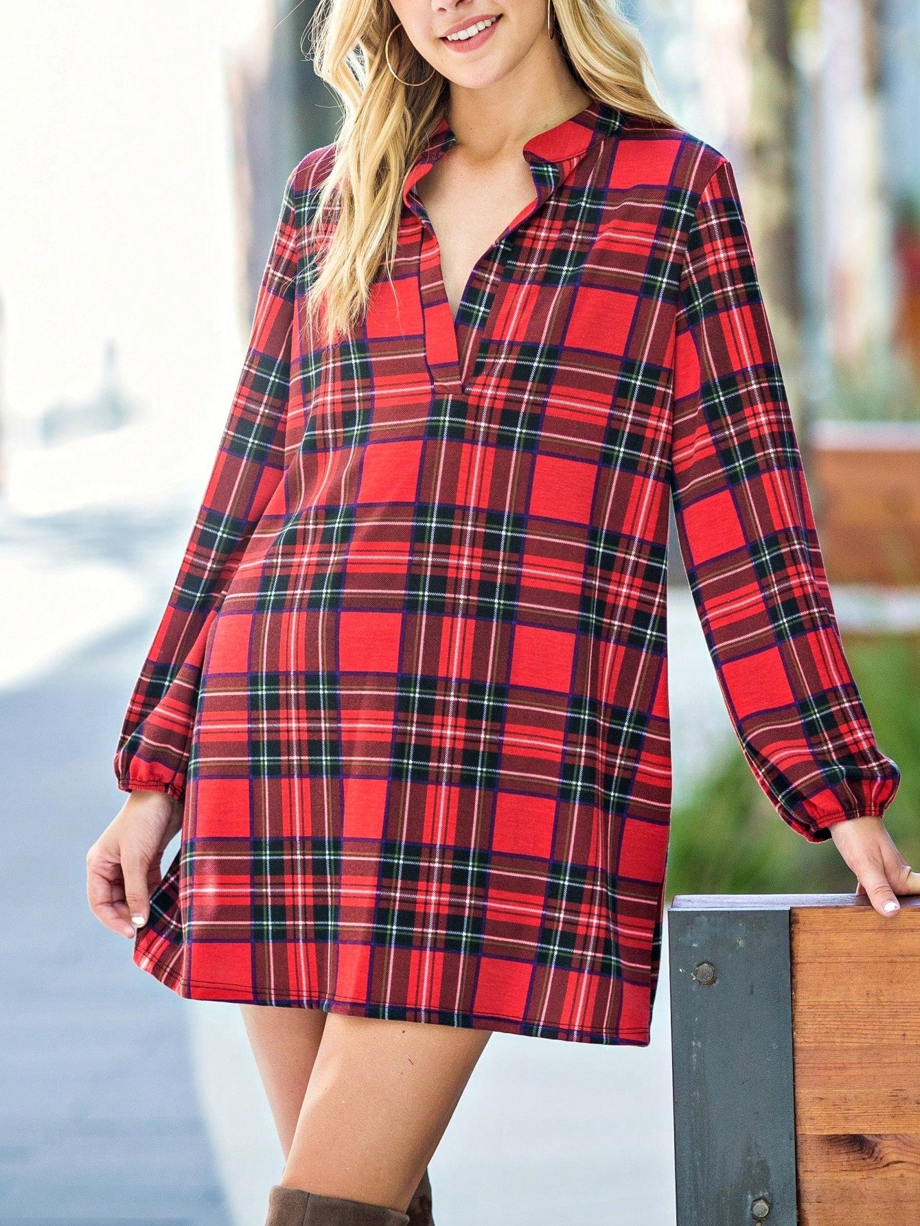 Boho Retro Stripe Plaid  Notch Neck Tab Sleeve  2K Shirt Tunic Shirt