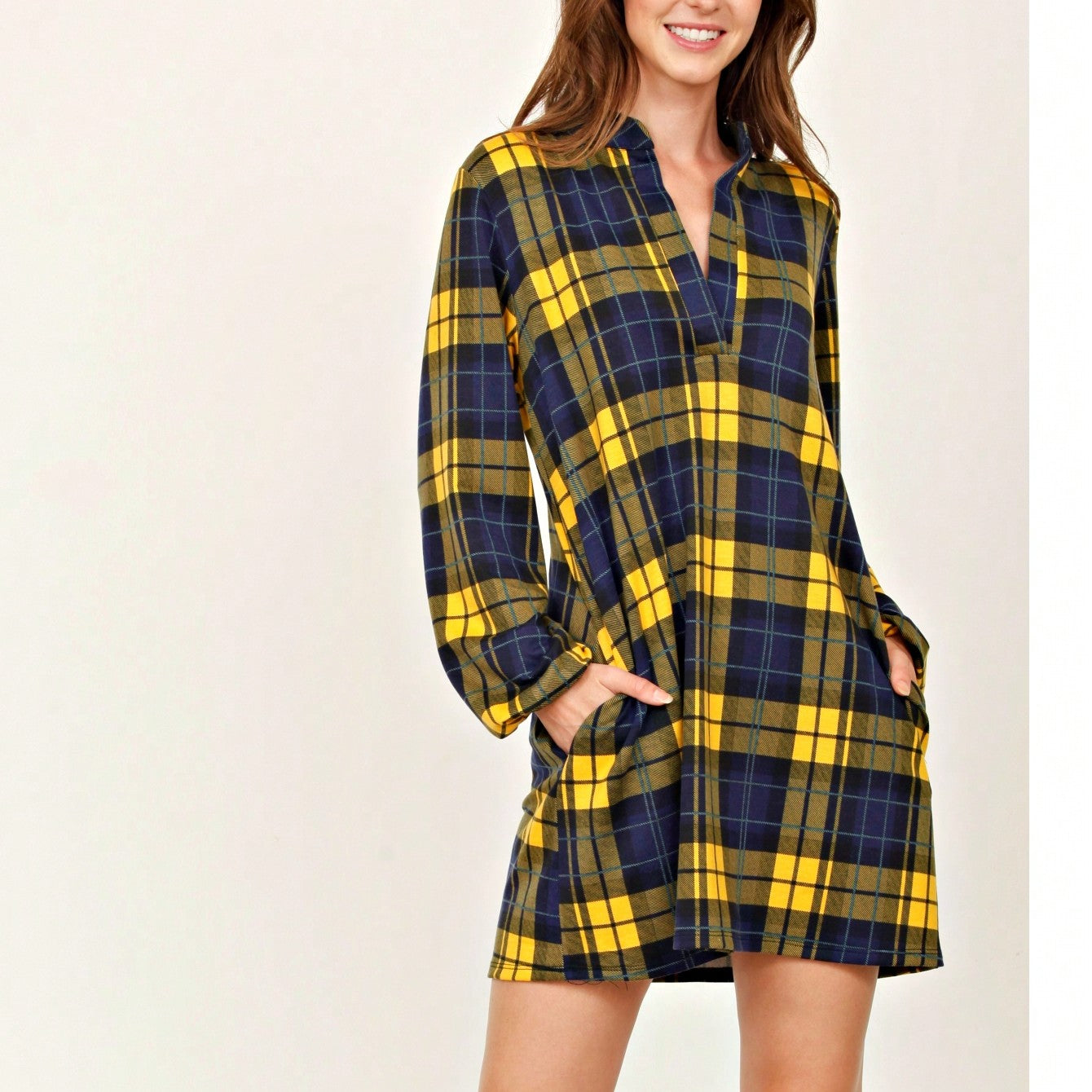 Boho Retro Stripe Plaid  Notch Neck Tab Sleeve  2K Shirt Tunic Shirt