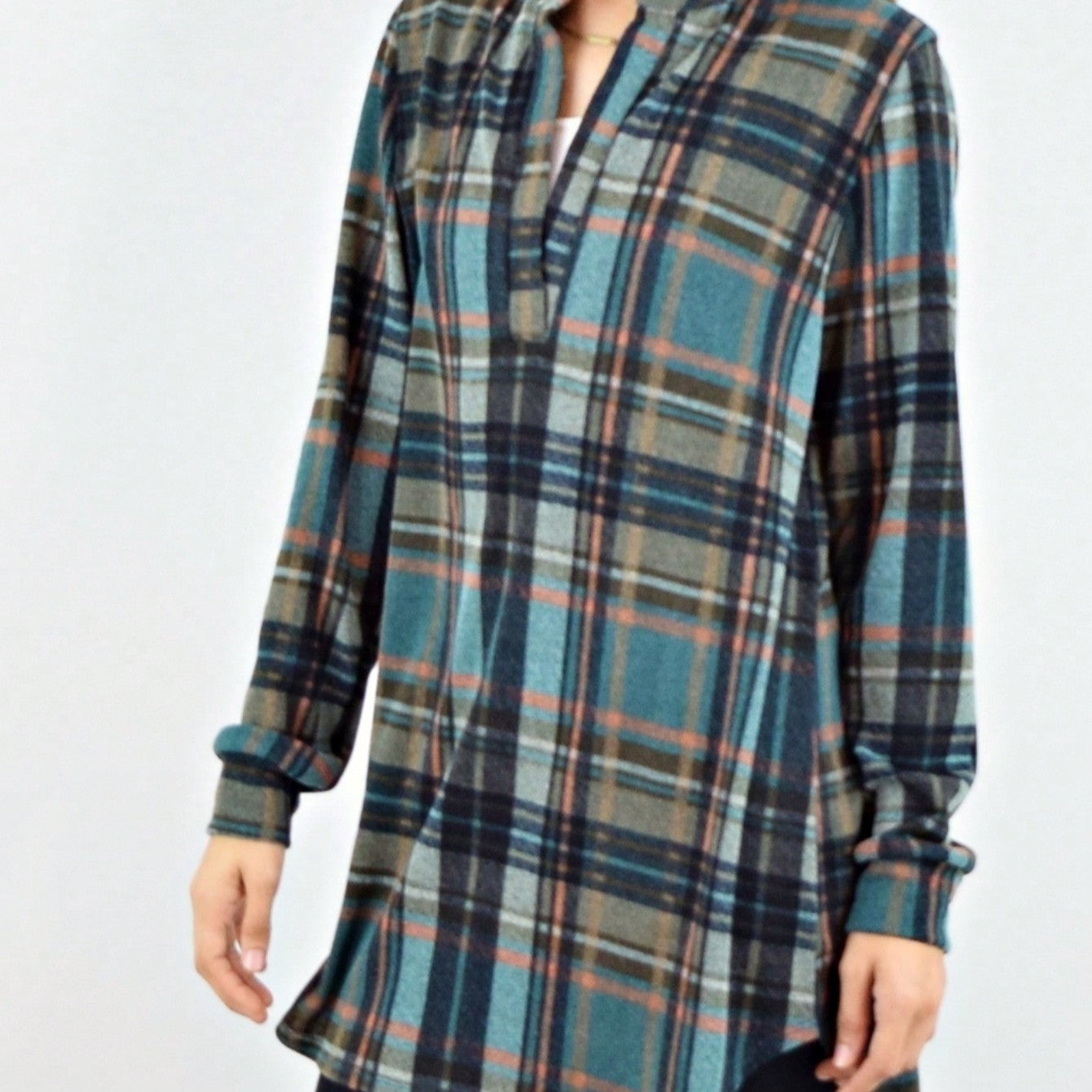 Boho Retro Stripe Plaid  Notch Neck Tab Sleeve  2K Shirt Tunic Shirt