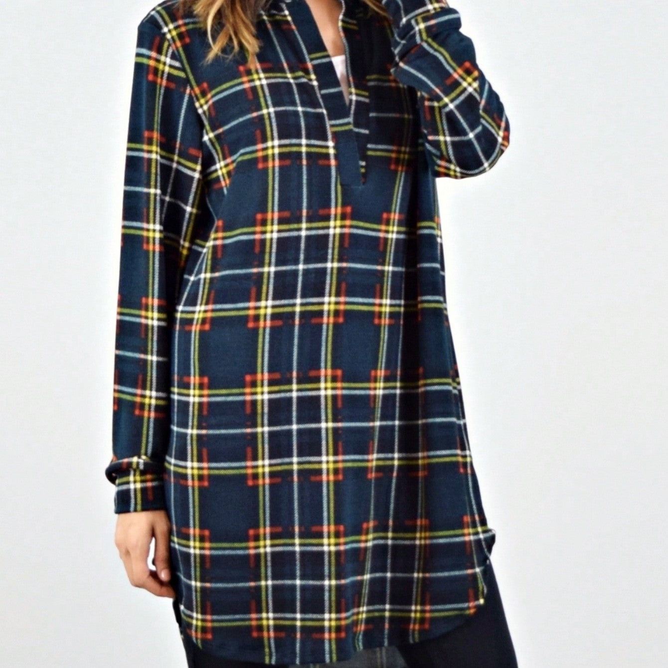 Boho Retro Stripe Plaid  Notch Neck Tab Sleeve  2K Shirt Tunic Shirt
