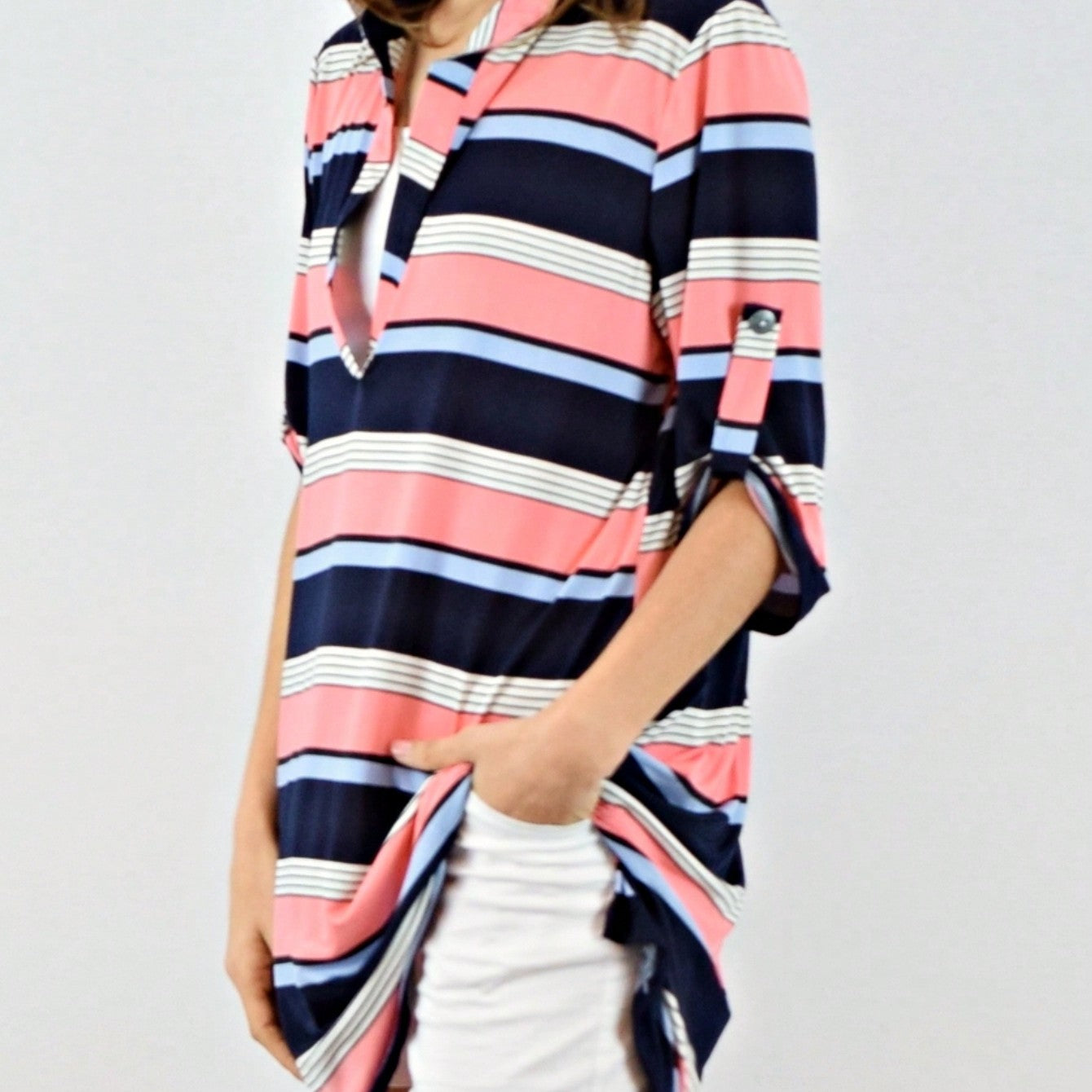 Boho Retro Stripe Plaid  Notch Neck Tab Sleeve  2K Shirt Tunic Shirt