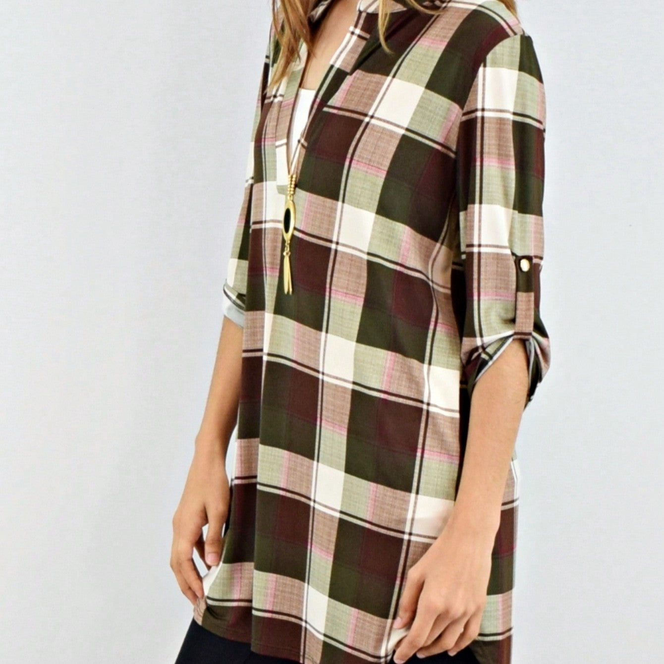 Boho Retro Stripe Plaid  Notch Neck Tab Sleeve  2K Shirt Tunic Shirt