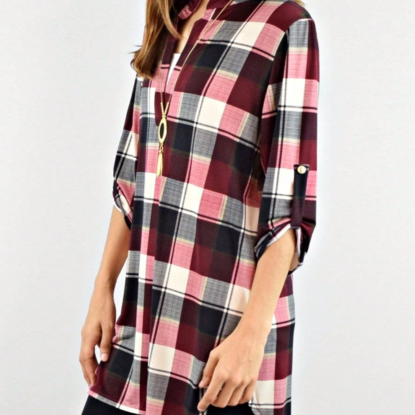 Boho Retro Stripe Plaid  Notch Neck Tab Sleeve  2K Shirt Tunic Shirt