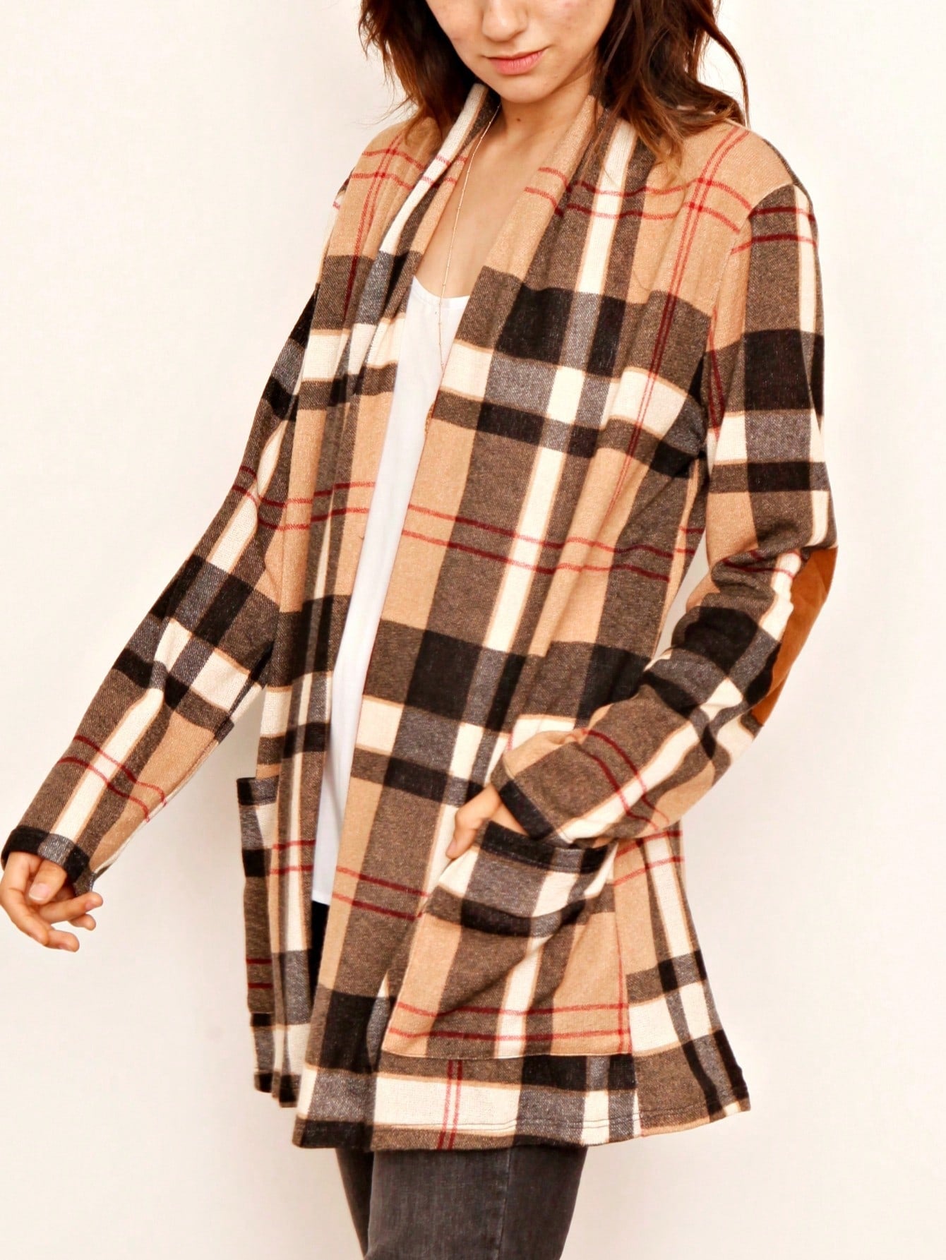 Boho Vintage Plaid Yellow Red Long Sleeve Cardigan With Pockets
