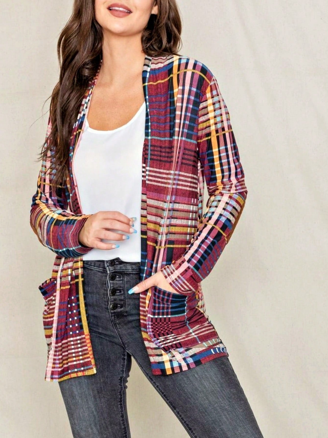 Boho Vintage Plaid Yellow Red Long Sleeve Cardigan With Pockets