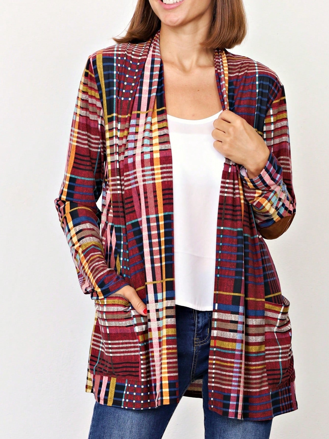 Boho Vintage Plaid Yellow Red Long Sleeve Cardigan With Pockets