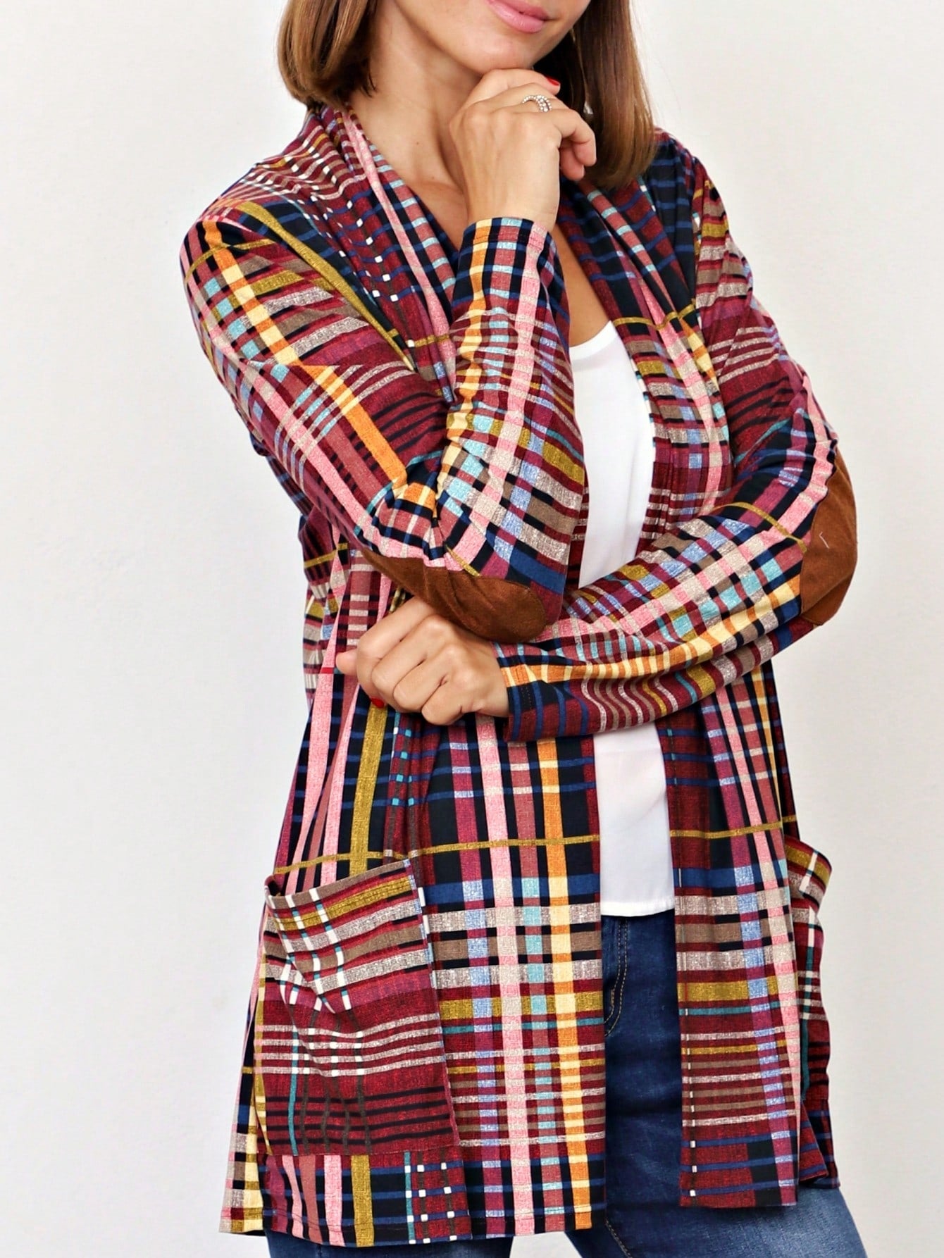 Boho Vintage Plaid Yellow Red Long Sleeve Cardigan With Pockets